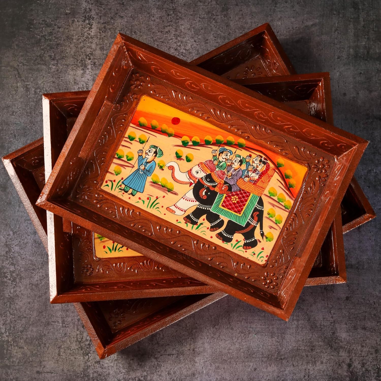Premium HandPainted Wooden Serving Tray Set of 3 | Antique Diwali Decoration | Home Decor | Wedding, Housewarming Gift | Gift For Her