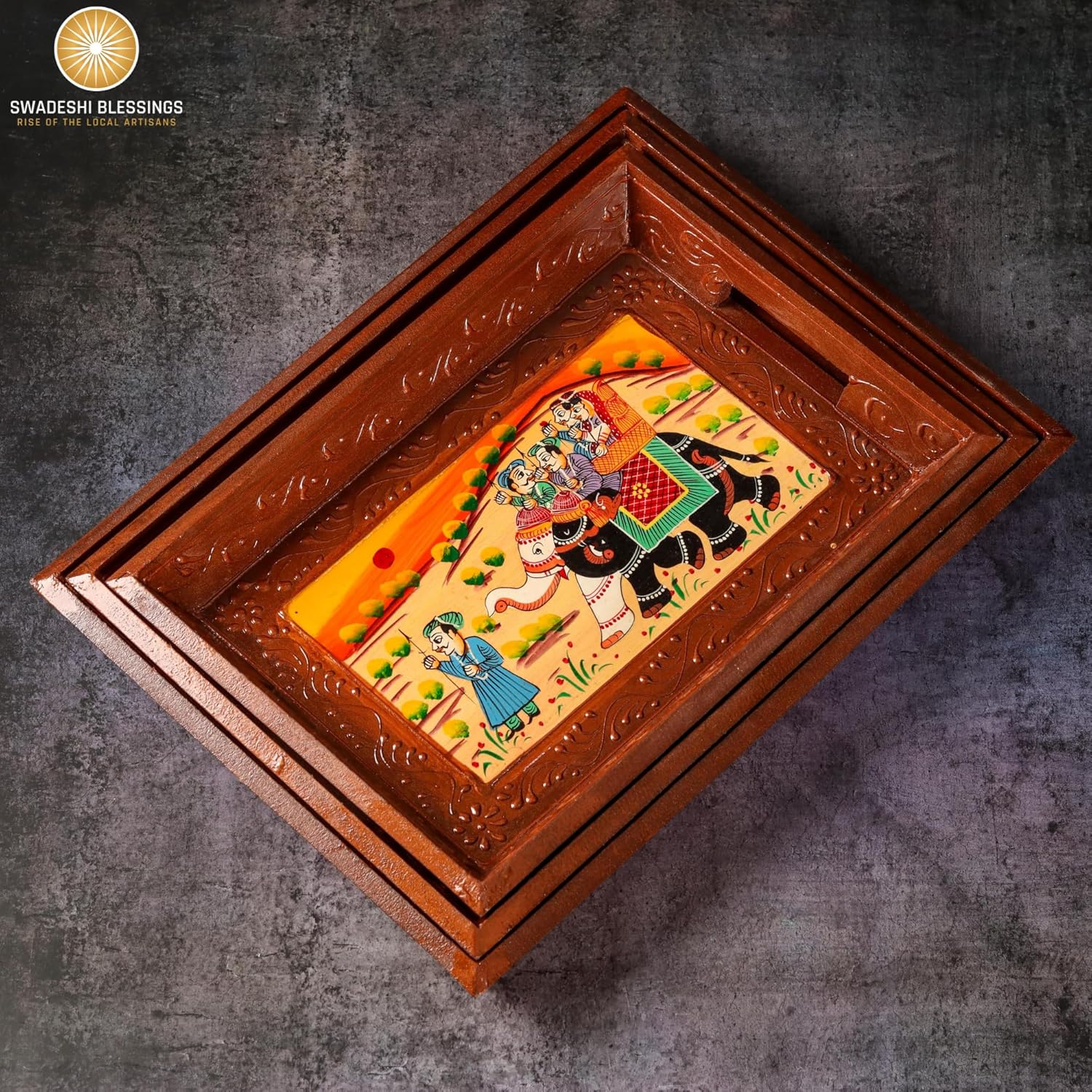 Premium HandPainted Wooden Serving Tray Set of 3 | Antique Diwali Decoration | Home Decor | Wedding, Housewarming Gift | Gift For Her
