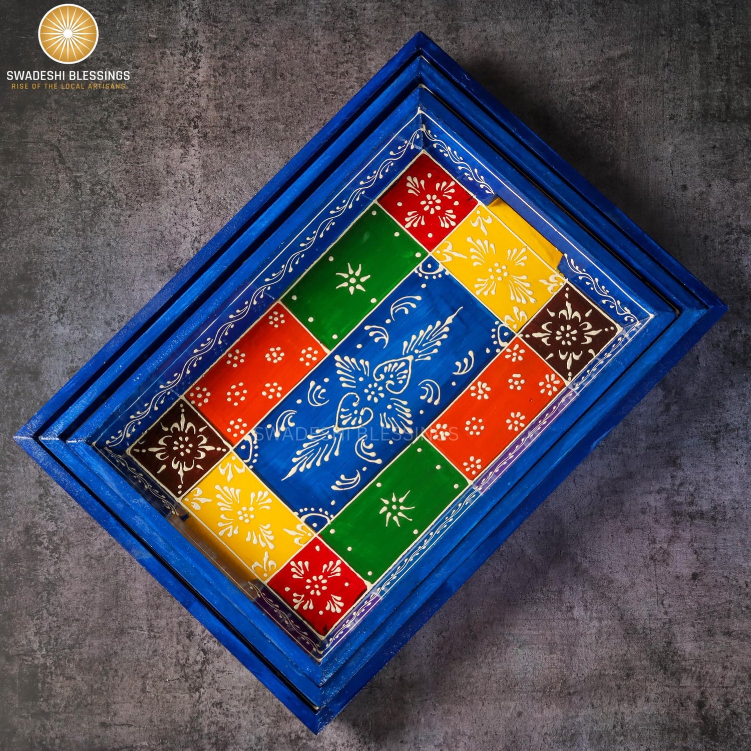 Premium HandPainted Wooden Serving Tray Set of 3 | Antique Diwali Decoration | Home Decor | Wedding, Housewarming Gift | Gift For Her