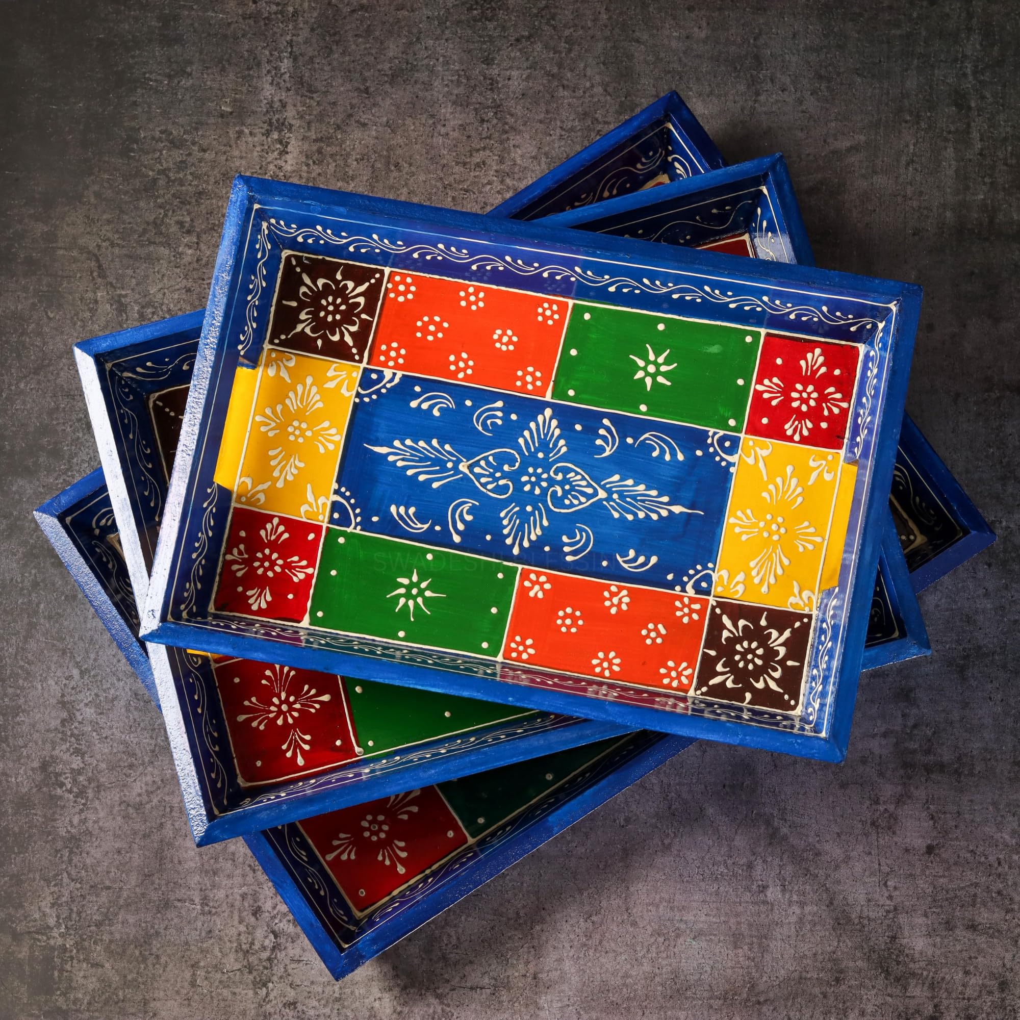 Premium HandPainted Wooden Serving Tray Set of 3 | Antique Diwali Decoration | Home Decor | Wedding, Housewarming Gift | Gift For Her
