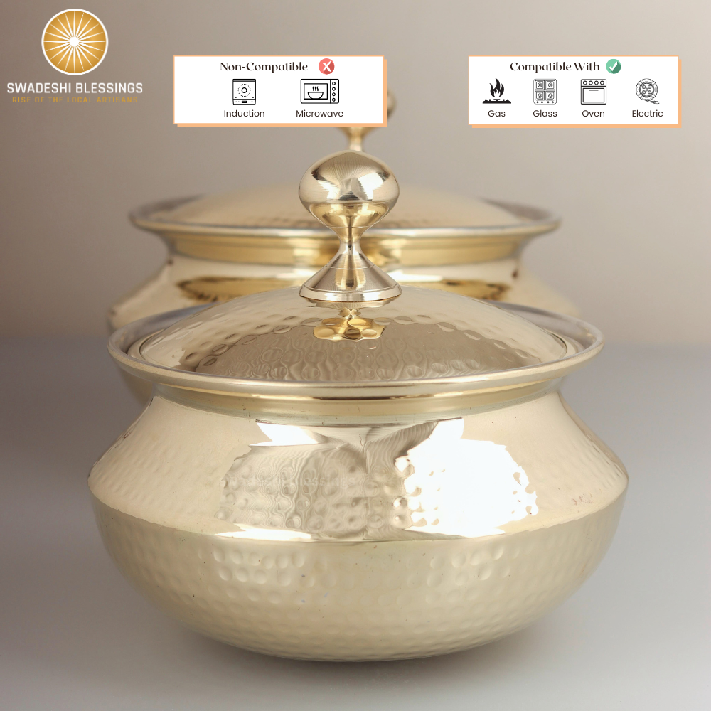 Swadeshi Blessings Exclusive Range Brass Handi Pot for Cooking with Lid/Teflon-Free/Naturally Non-Stick Brass Utensils with Tin Coating