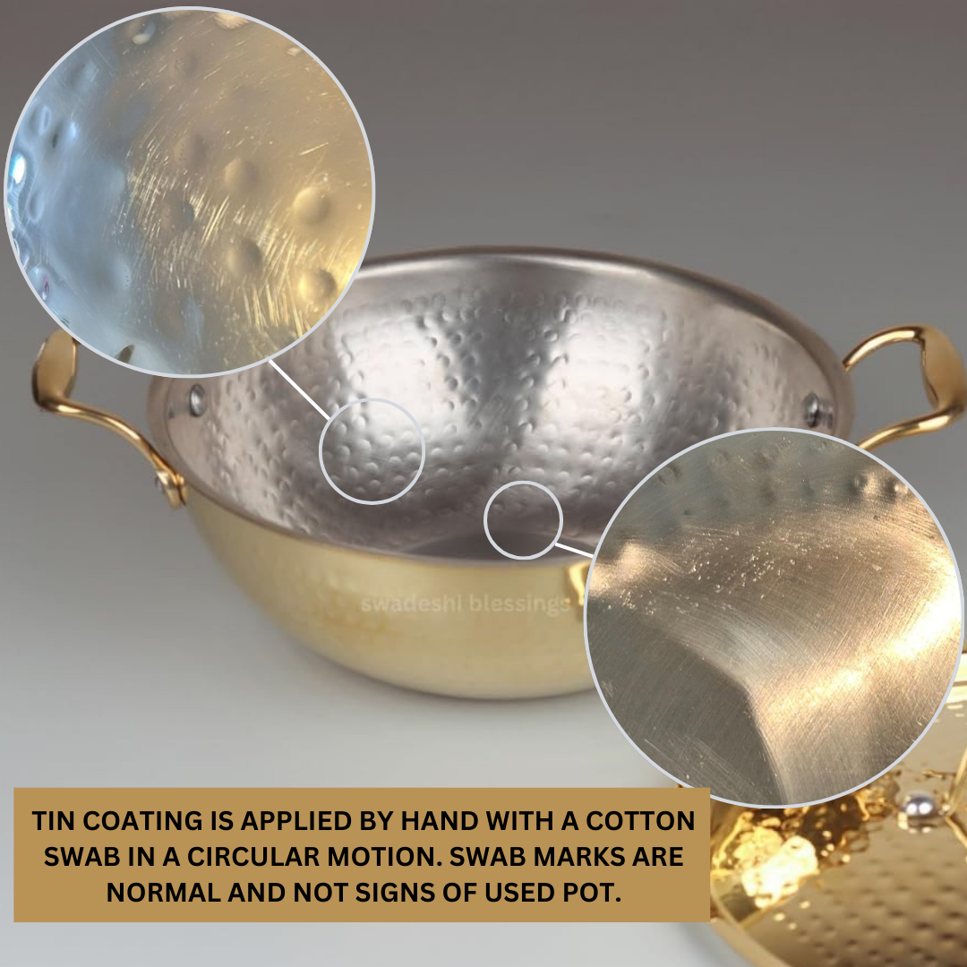 Swadeshi Blessings Exclusive Range Brass Kadai/ Non-Stick Brass Utensils with Tin Coating/Teflon-Free/ Brass Pot & Kadai Combo 2L & 3L