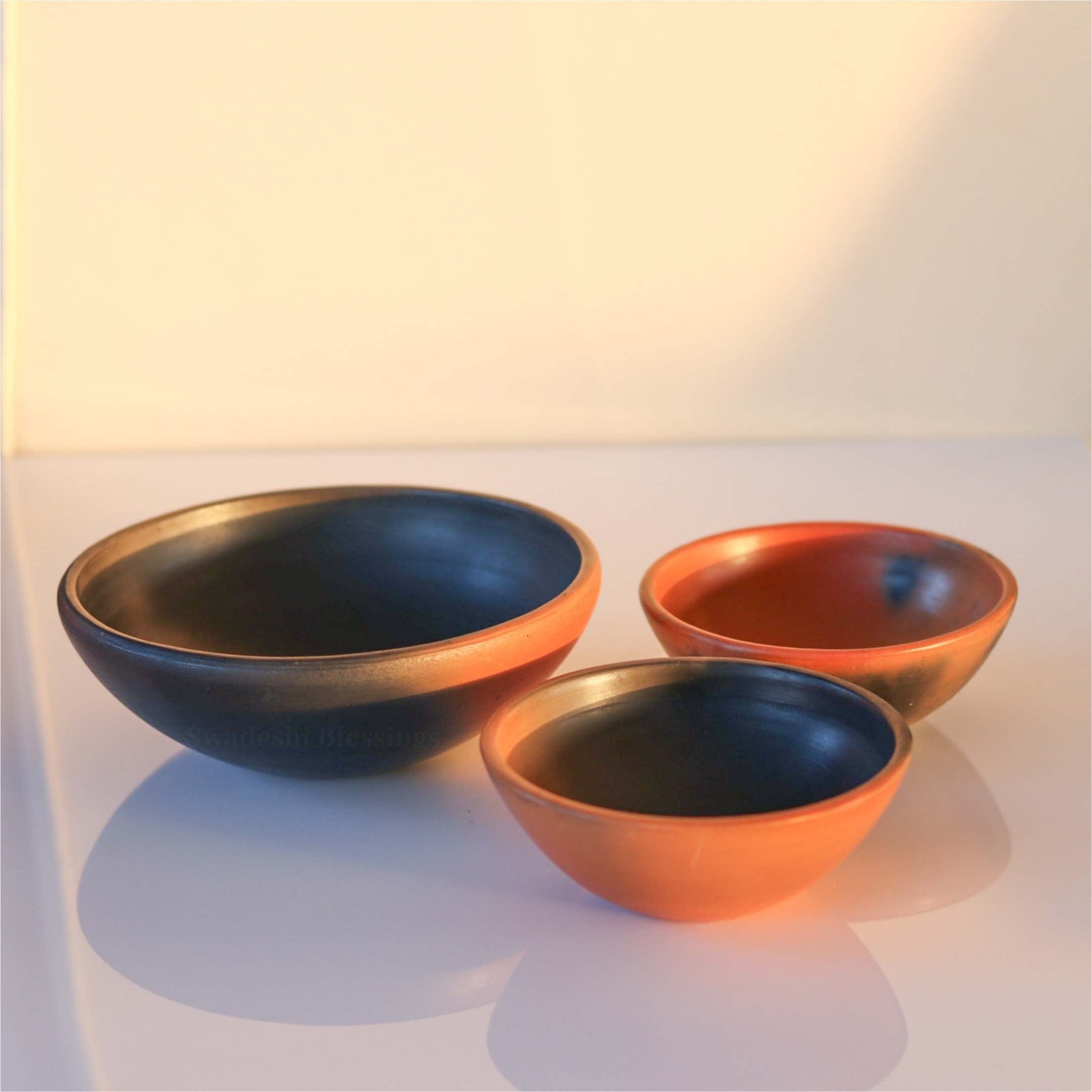 Swadeshi Blessings Exclusive Range Unglazed Clay Bowl Set with Natural Black Firing Effect & Seamless Mirror Finish/Earthen Serving Bowl