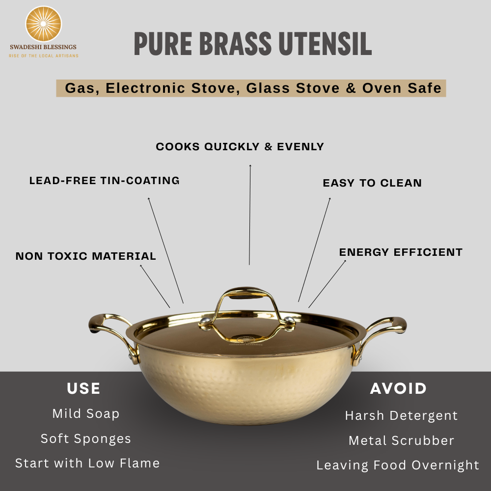 Swadeshi Blessings Exclusive Range Brass Kadai/ Wok Pan for Cooking with Lid/Teflon-Free/Naturally Non-Stick Brass Utensils with Tin Coating