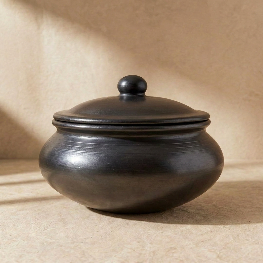 Unglazed Clay Handi & Earthen Curd Pot / Clay Pots Combo For Cooking & Serving, 1.3L & 2.8L, Black (Natural Firing Shade & Mirror Shine)+FREE ASH For Cleaning