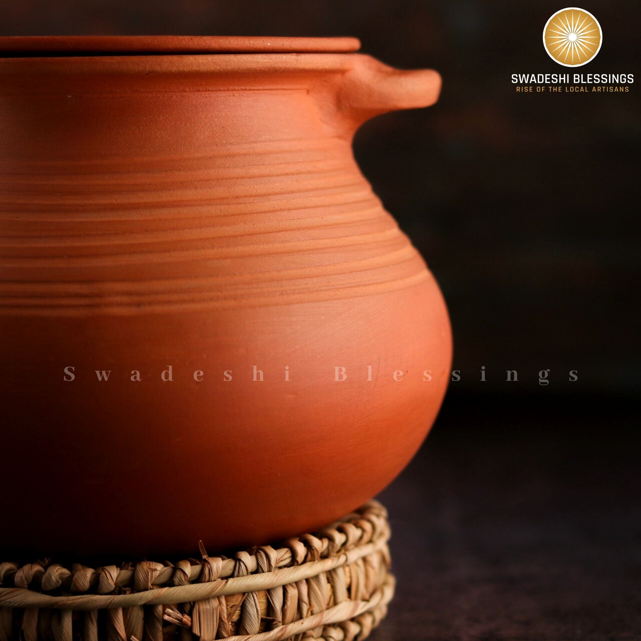 Premium Unglazed Clay Pot for Cooking | Earthen Kadhai | Deep Terracota Kadhai | Clay Handi for Serving with Lid 2 & 3 Liters | Includes Free Palm Leaf Stand and Ash for Cleaning Swadeshi Blessings