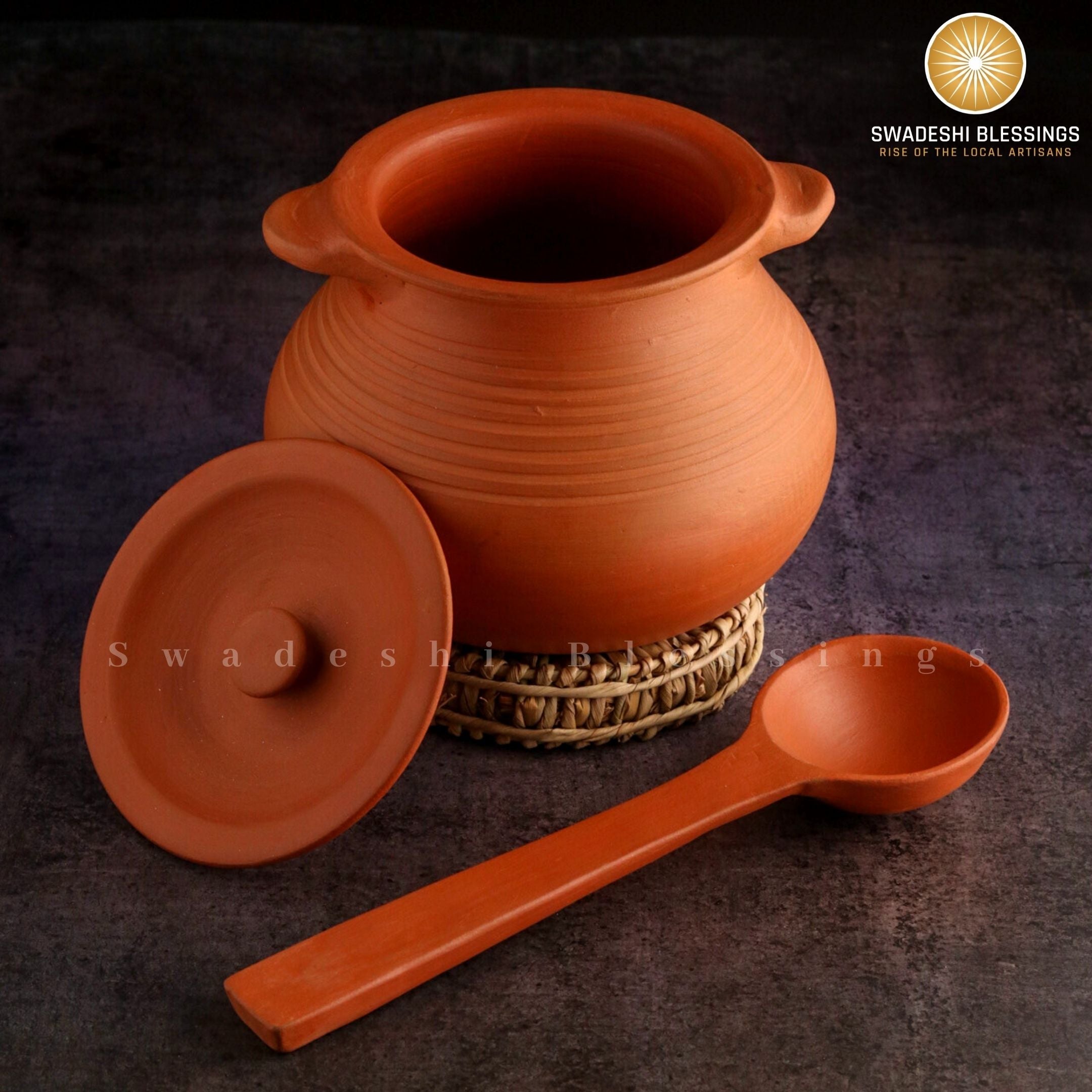 Premium Unglazed Clay Pot for Cooking | Earthen Kadhai | Deep Terracota Kadhai | Clay Handi for Serving with Lid 2 & 3 Liters | Includes Free Palm Leaf Stand and Ash for Cleaning Swadeshi Blessings