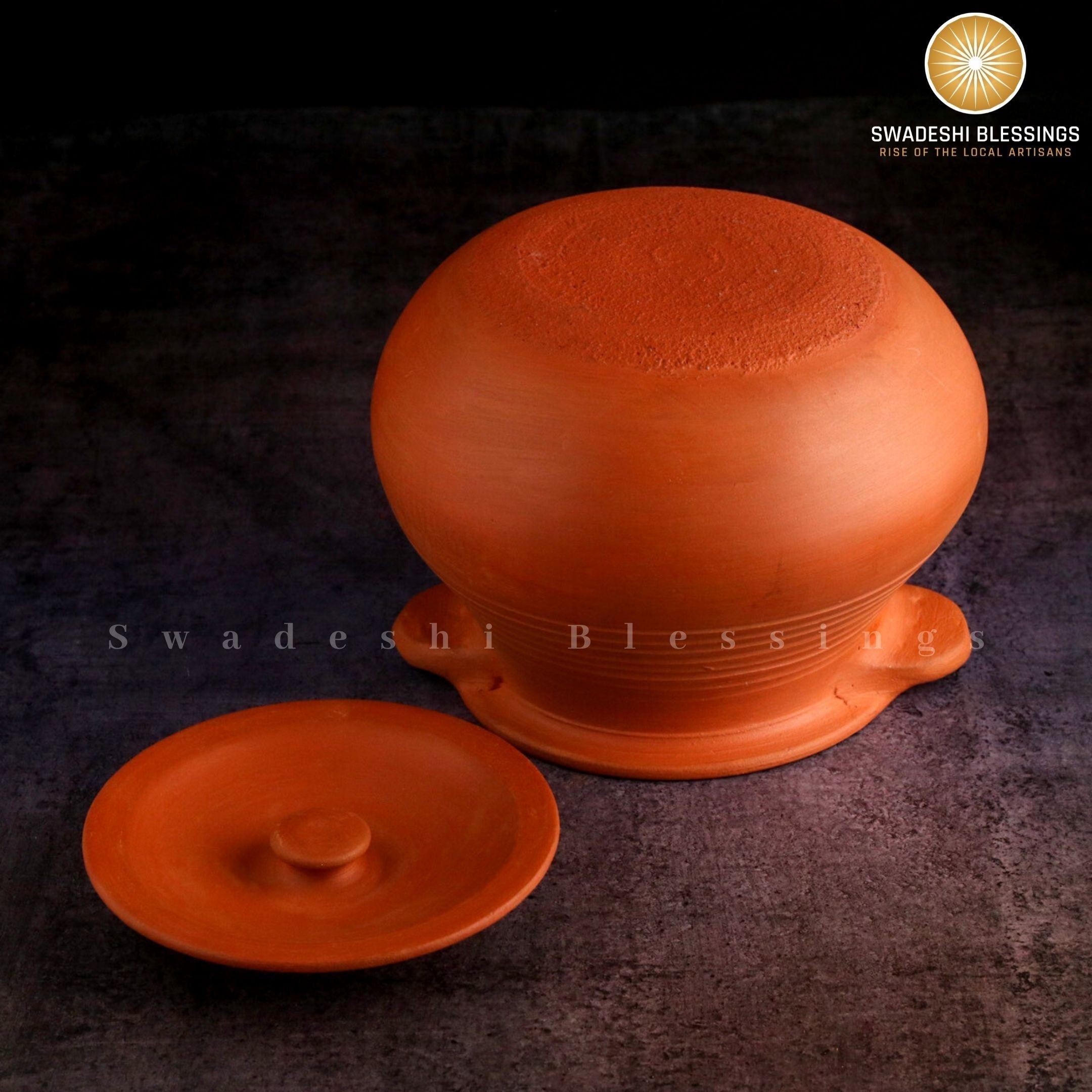 Premium Unglazed Clay Pot for Cooking | Earthen Kadhai | Deep Terracota Kadhai | Clay Handi for Serving with Lid 2 & 3 Liters | Includes Free Palm Leaf Stand and Ash for Cleaning Swadeshi Blessings