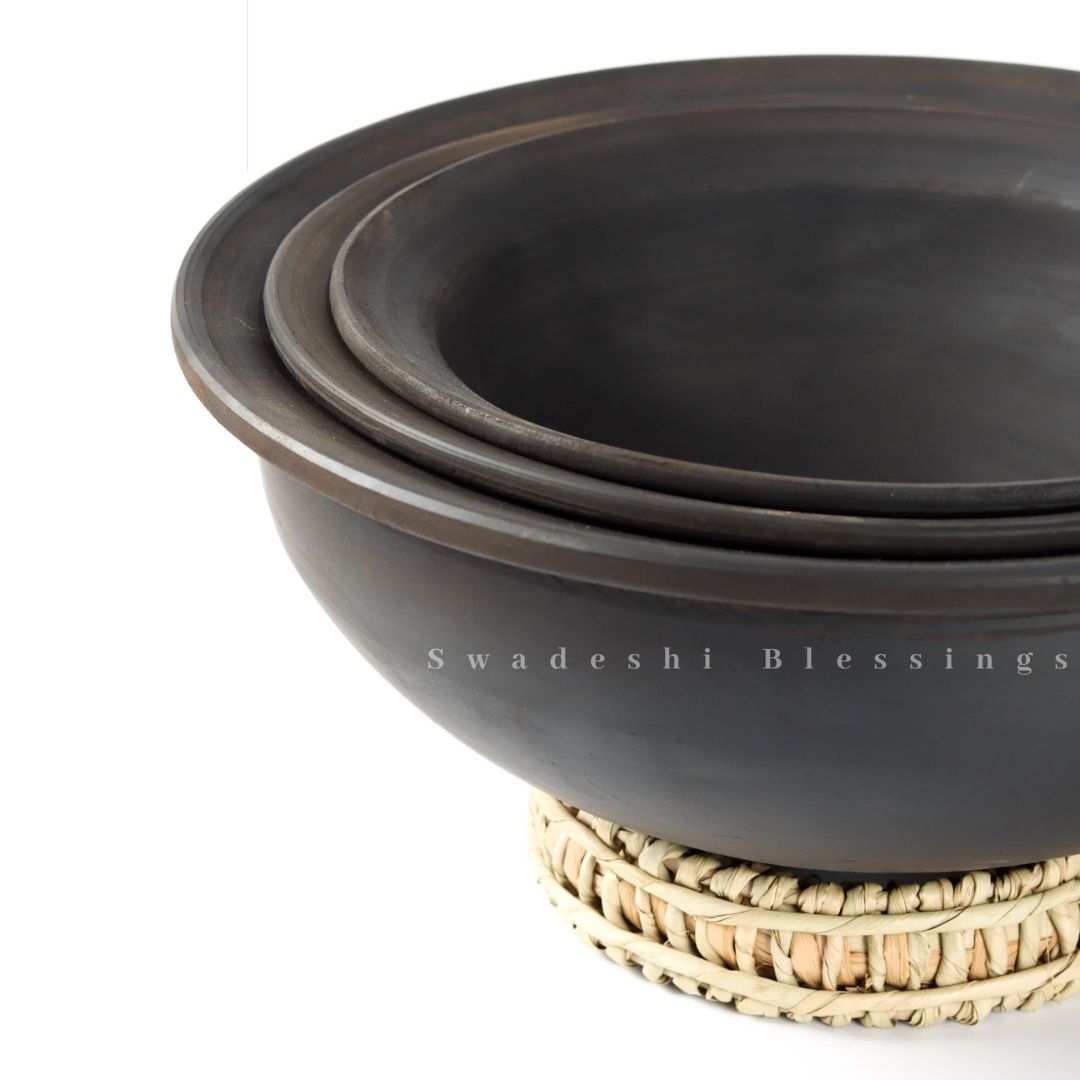 Premium Unglazed Clay Pots for Cooking | Black Earthen Kadhai | Terracota Kadhai | Clay Handi for Serving, Set of three 1, 2 & 3 Liters Swadeshi Blessings