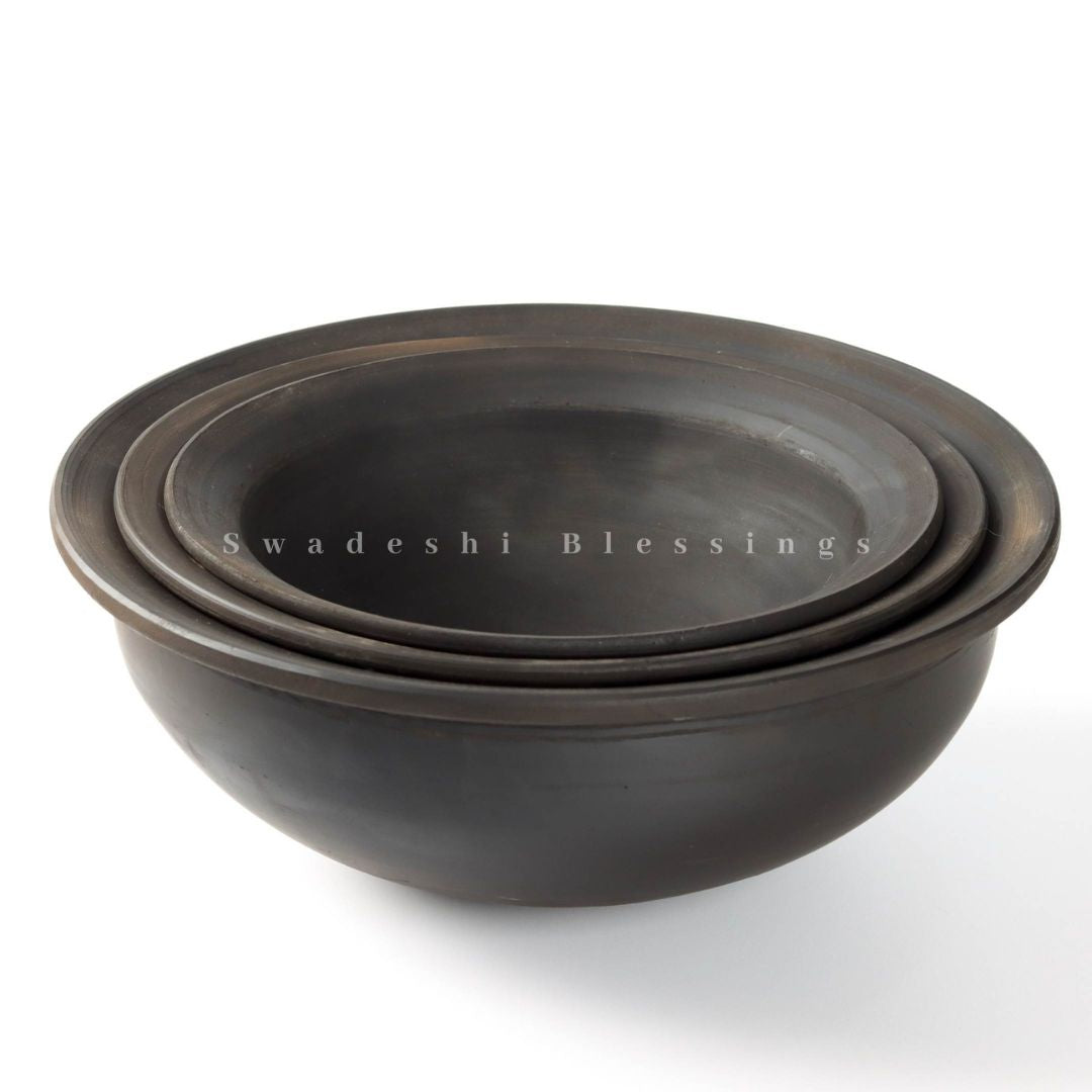 Premium Unglazed Clay Pots for Cooking | Black Earthen Kadhai | Terracota Kadhai | Clay Handi for Serving, Set of three 1, 2 & 3 Liters Swadeshi Blessings