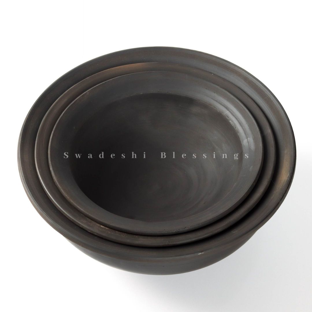 Premium Unglazed Clay Pots for Cooking | Black Earthen Kadhai | Terracota Kadhai | Clay Handi for Serving, Set of three 1, 2 & 3 Liters Swadeshi Blessings