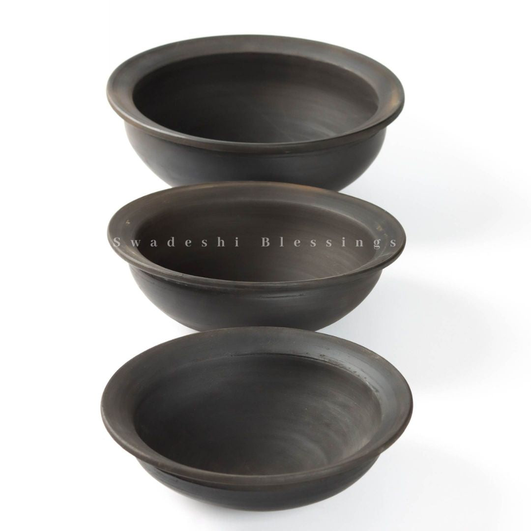 Premium Unglazed Clay Pots for Cooking | Black Earthen Kadhai | Terracota Kadhai | Clay Handi for Serving, Set of three 1, 2 & 3 Liters Swadeshi Blessings