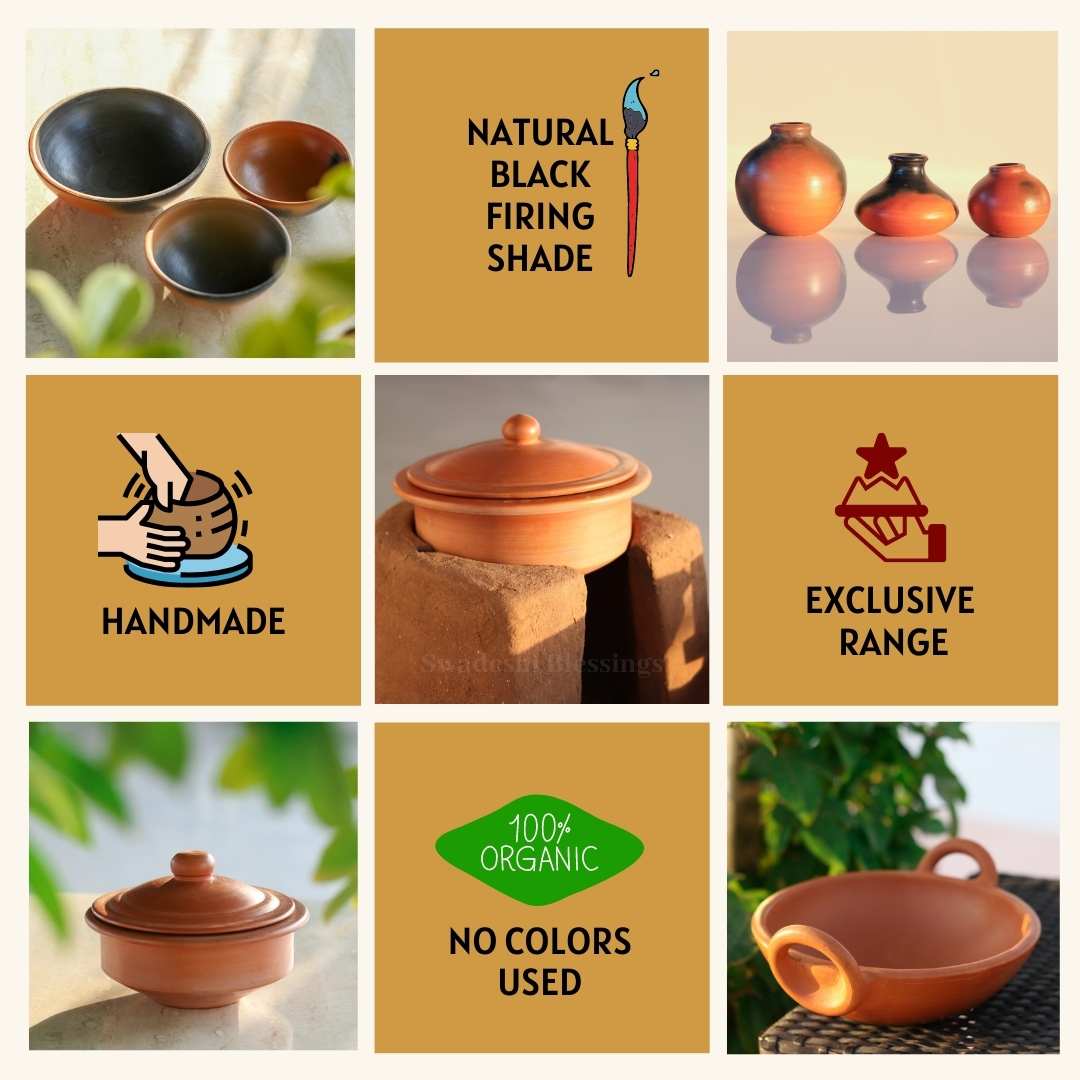 Premium Unglazed Clay Pots for Cooking | Black Earthen Kadhai | Terracota Kadhai | Clay Handi for Serving, Set of three 1, 2 & 3 Liters Swadeshi Blessings