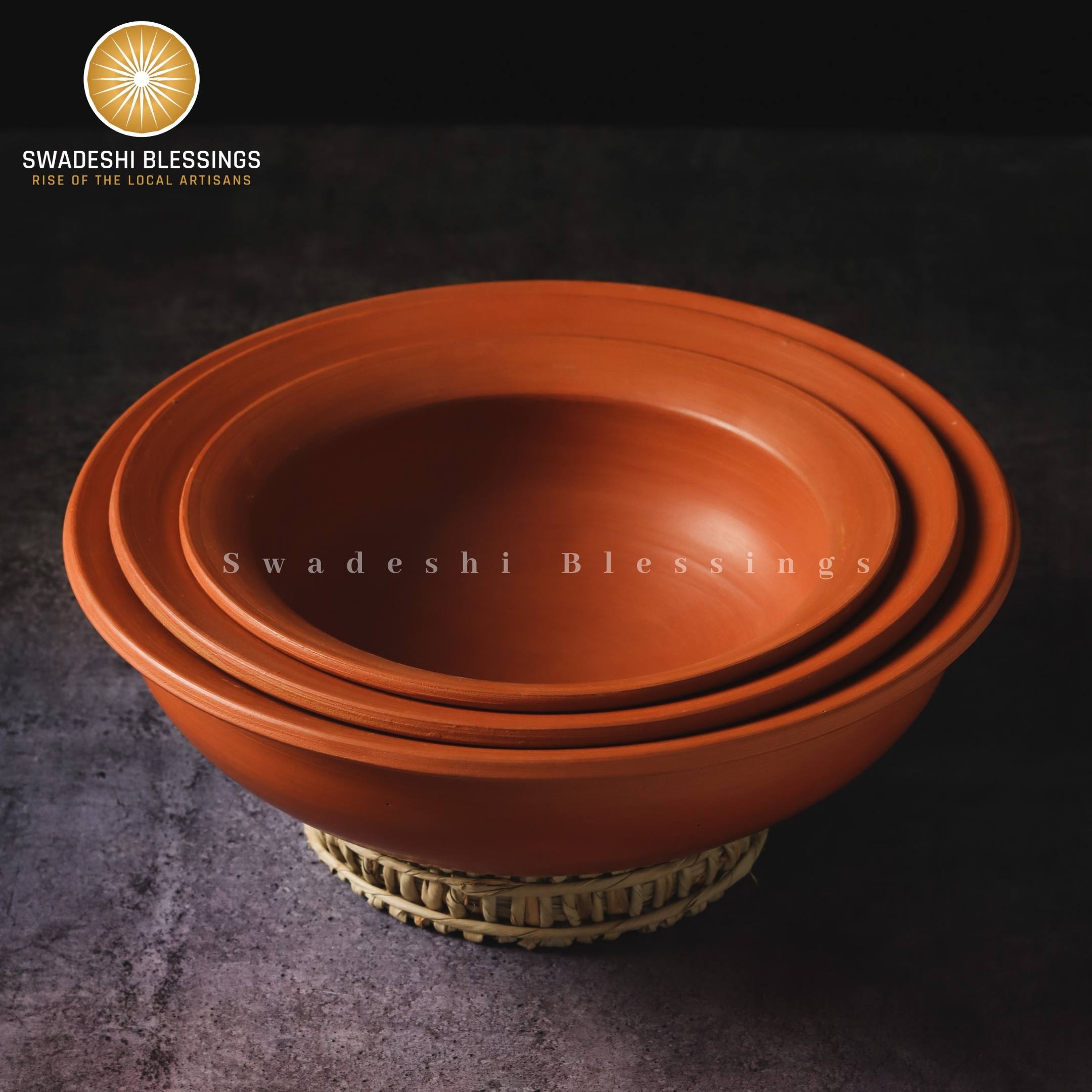 Premium Unglazed Clay Pots for Cooking | Earthen Kadhai | Terracota Kadhai | Clay Handi for Serving, Set of three 1, 2 & 3 Liters