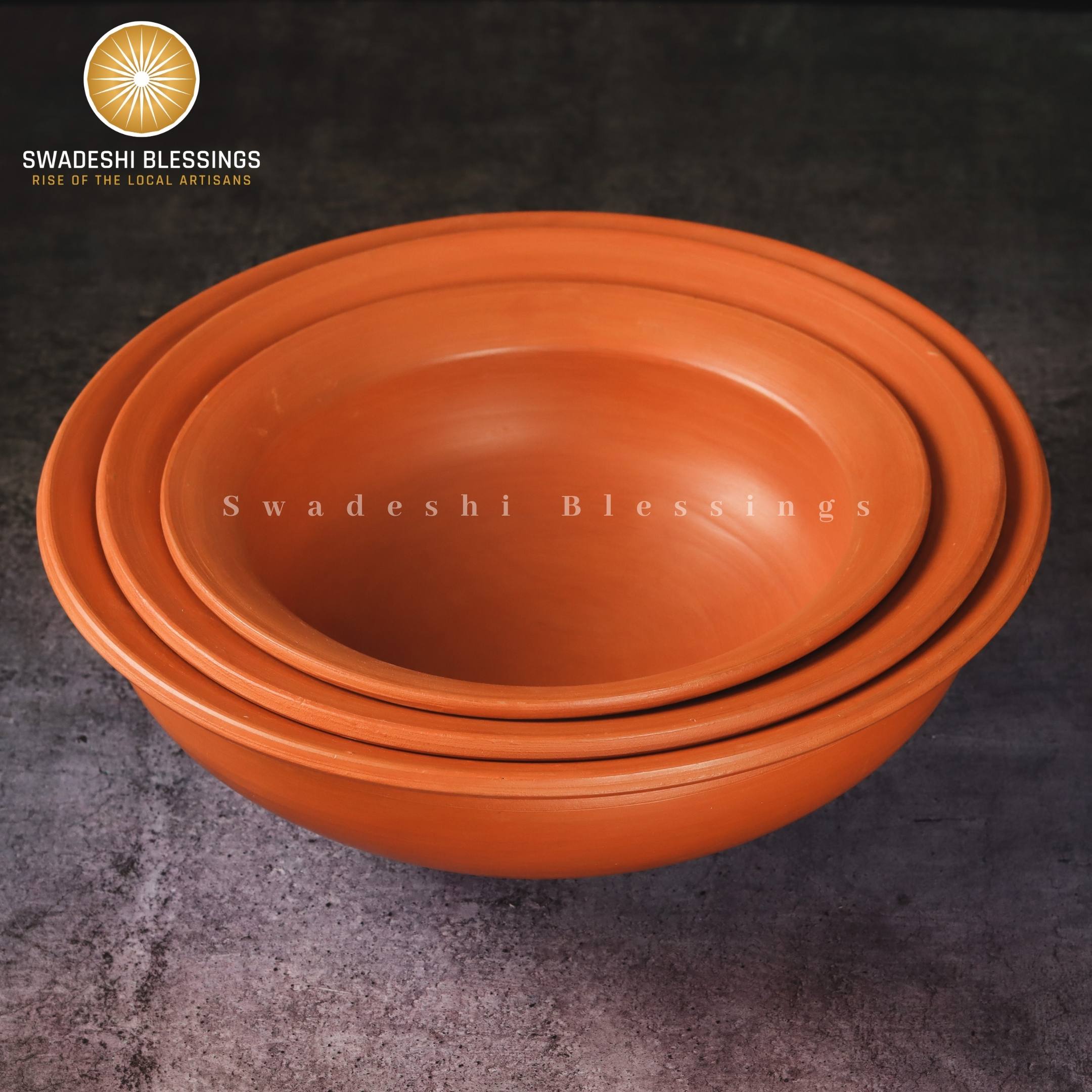 Premium Unglazed Clay Pots for Cooking | Earthen Kadhai | Terracota Kadhai | Clay Handi for Serving, Set of three 1, 2 & 3 Liters