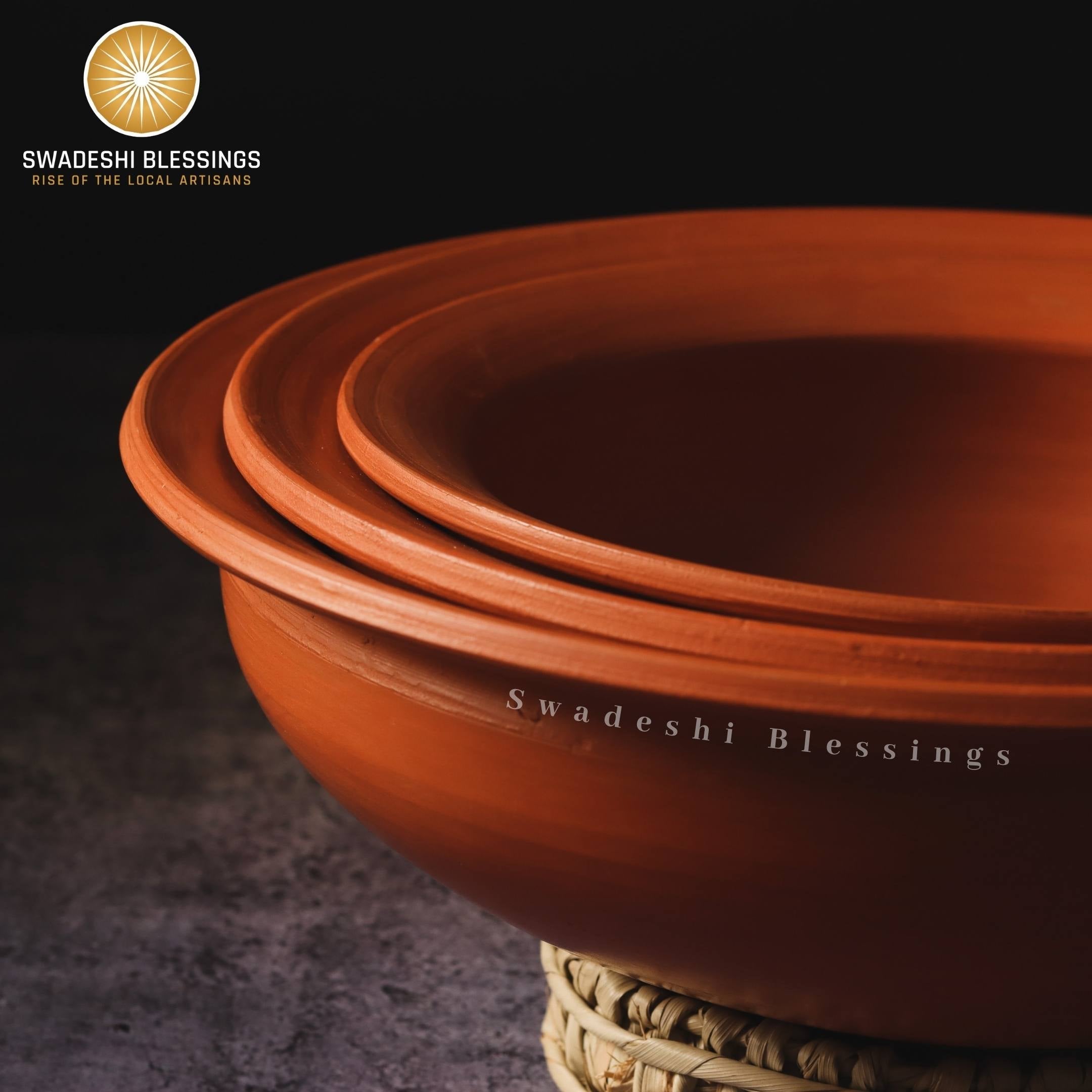 Premium Unglazed Clay Pots for Cooking | Earthen Kadhai | Terracota Kadhai | Clay Handi for Serving, Set of three 1, 2 & 3 Liters