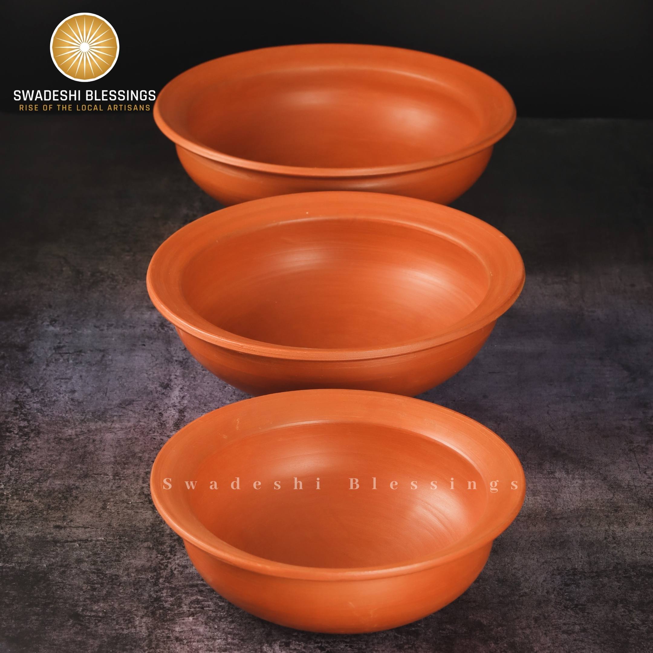 Premium Unglazed Clay Pots for Cooking | Earthen Kadhai | Terracota Kadhai | Clay Handi for Serving, Set of three 1, 2 & 3 Liters
