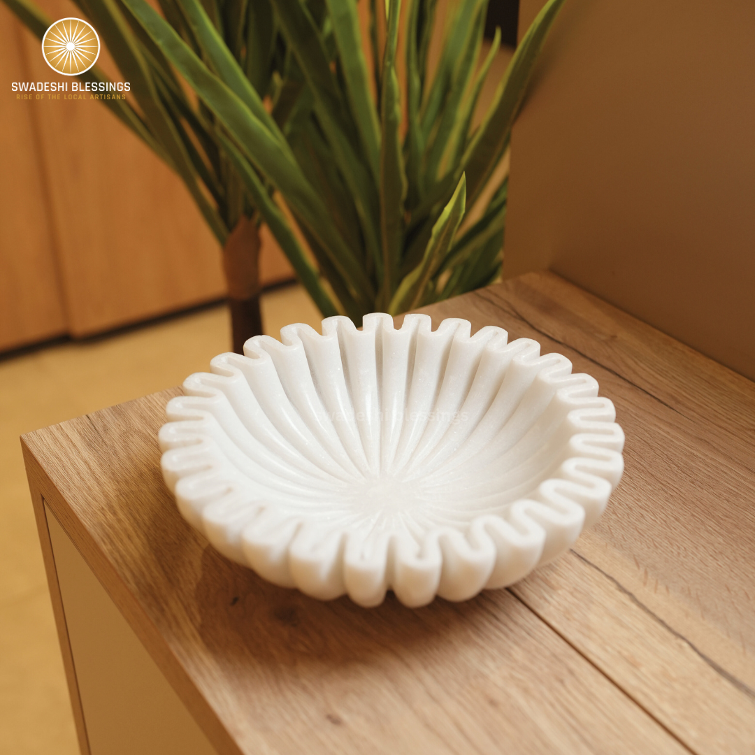 Premium Handcrafted Marble Ruffle Bowl | Antique Scalloped Bowl | Fluted Bowl | Marble Large Decorative Bowl | White Decorative Bowls for Home Decor | Key Bowl | Fruit Bowl | Ring Dish | Organic Modern Home Decor Bowl | 6-18 Inches