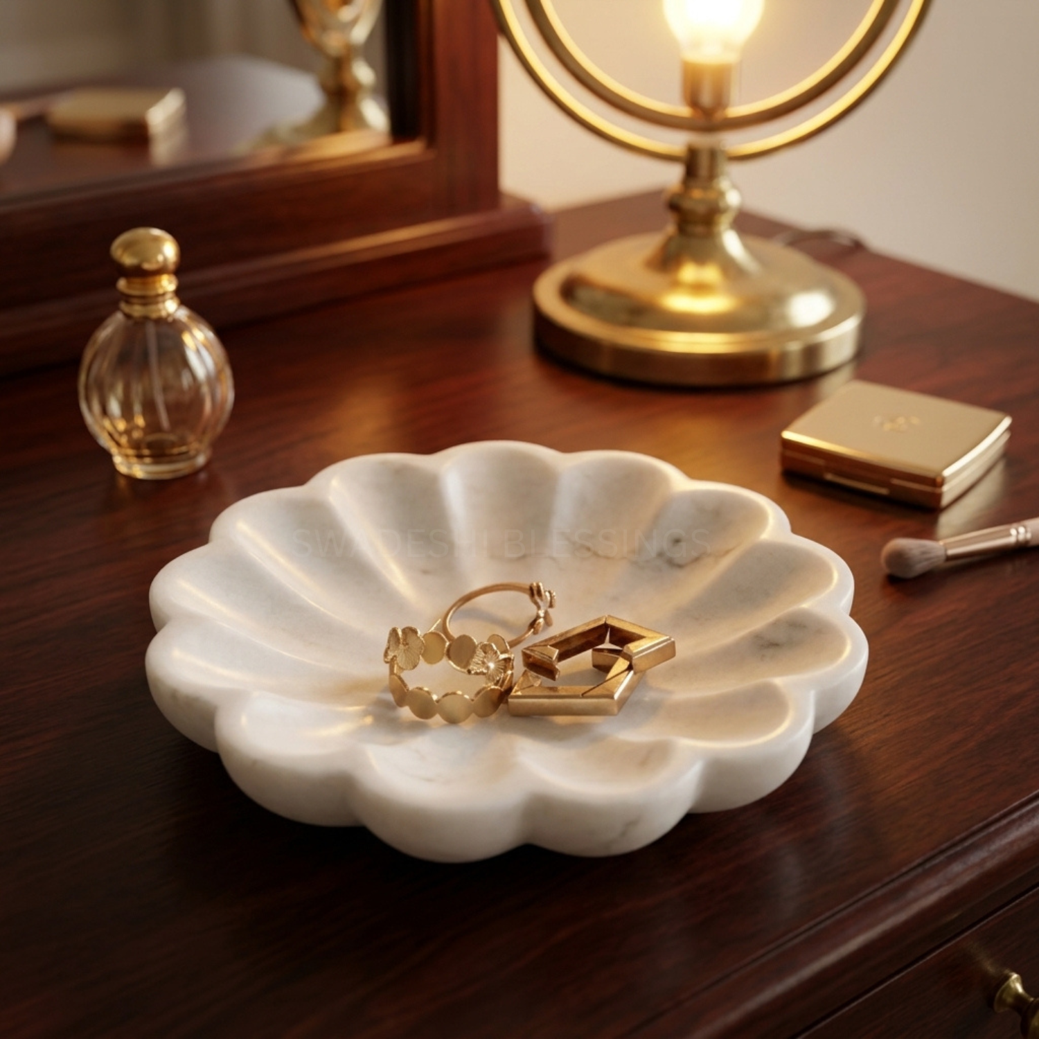 Handcrafted Marble Jewelry Tray, Decorative Trinket Dish for Rings Earrings Necklace Bracelet, Key Bowl, Ideal Gift for Mother Sister Daughter Friends, Birthday Wedding Christmas 5 inches