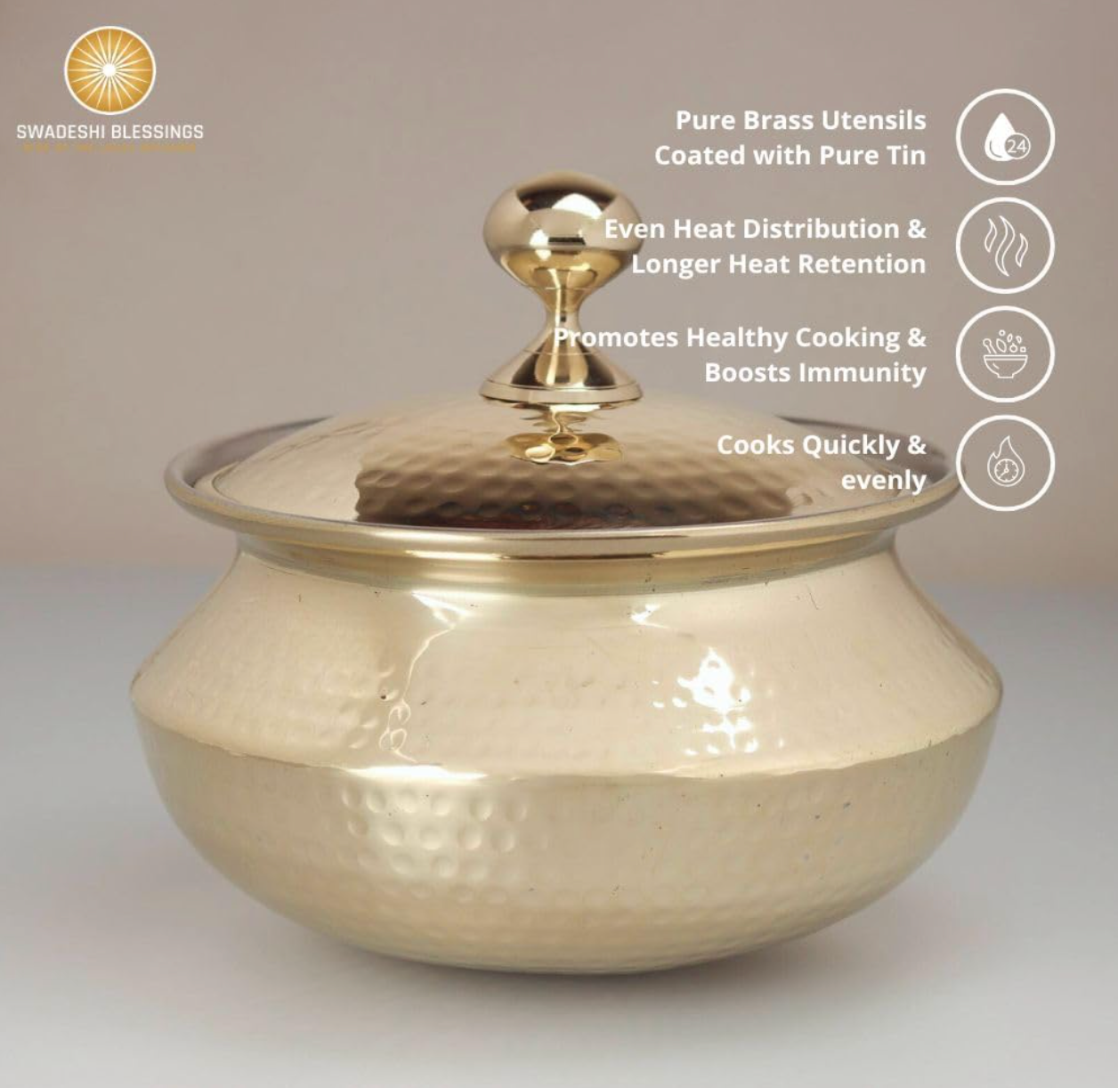 Swadeshi Blessings Exclusive Range Brass Handi Pot for Cooking with Lid/Teflon-Free/Naturally Non-Stick Brass Utensils with Tin Coating