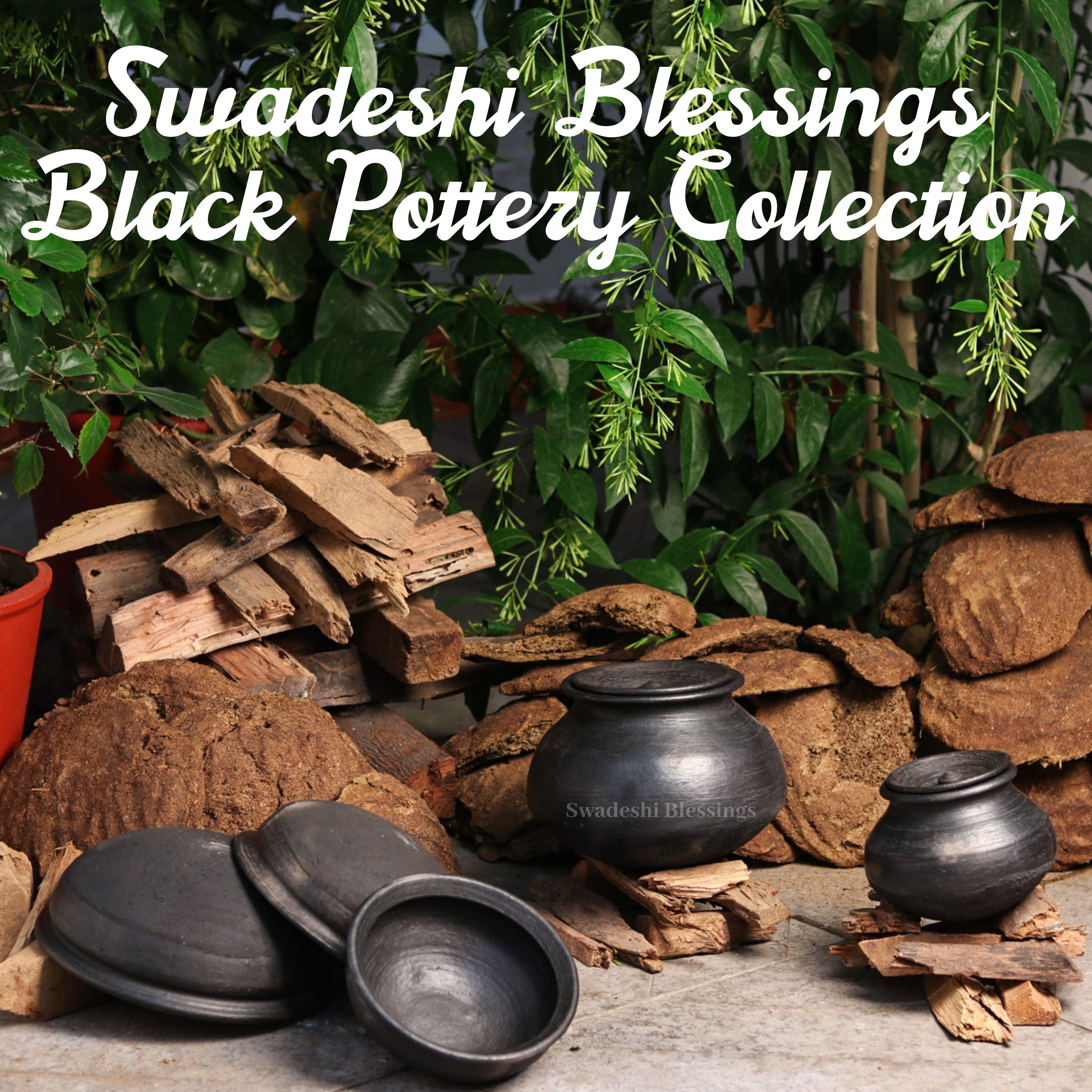 Unglazed Clay Pot for Serving | Clay Hot Case | Earthen Hot Case | Terracota Kadhai | Clay Hot Case for Serving, Combo 1.8L & 2.8L, Black Swadeshi Blessings