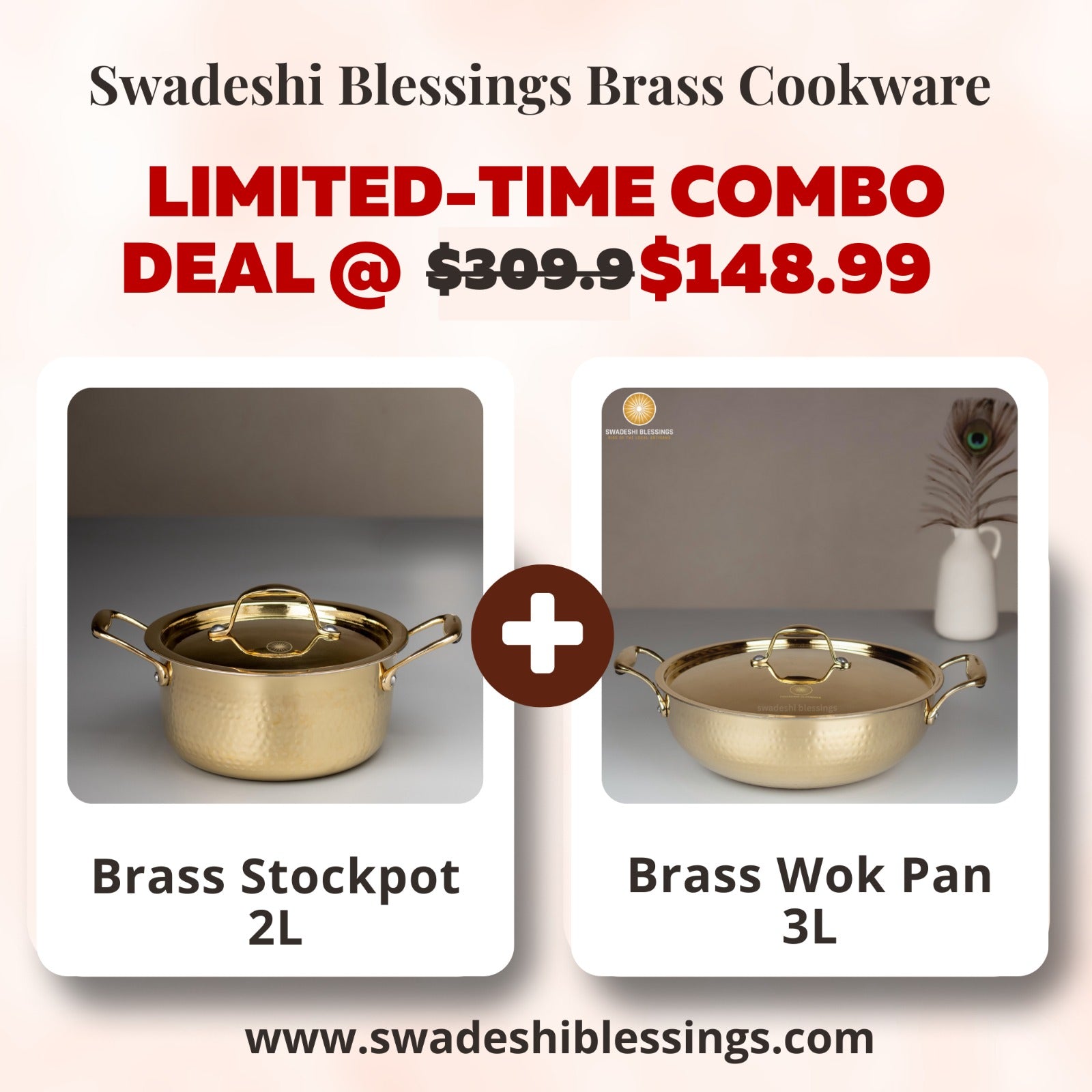 Swadeshi Blessings Exclusive Range Brass Kadai/ Non-Stick Brass Utensils with Tin Coating/Teflon-Free/ Brass Pot & Kadai Combo 2L & 3L