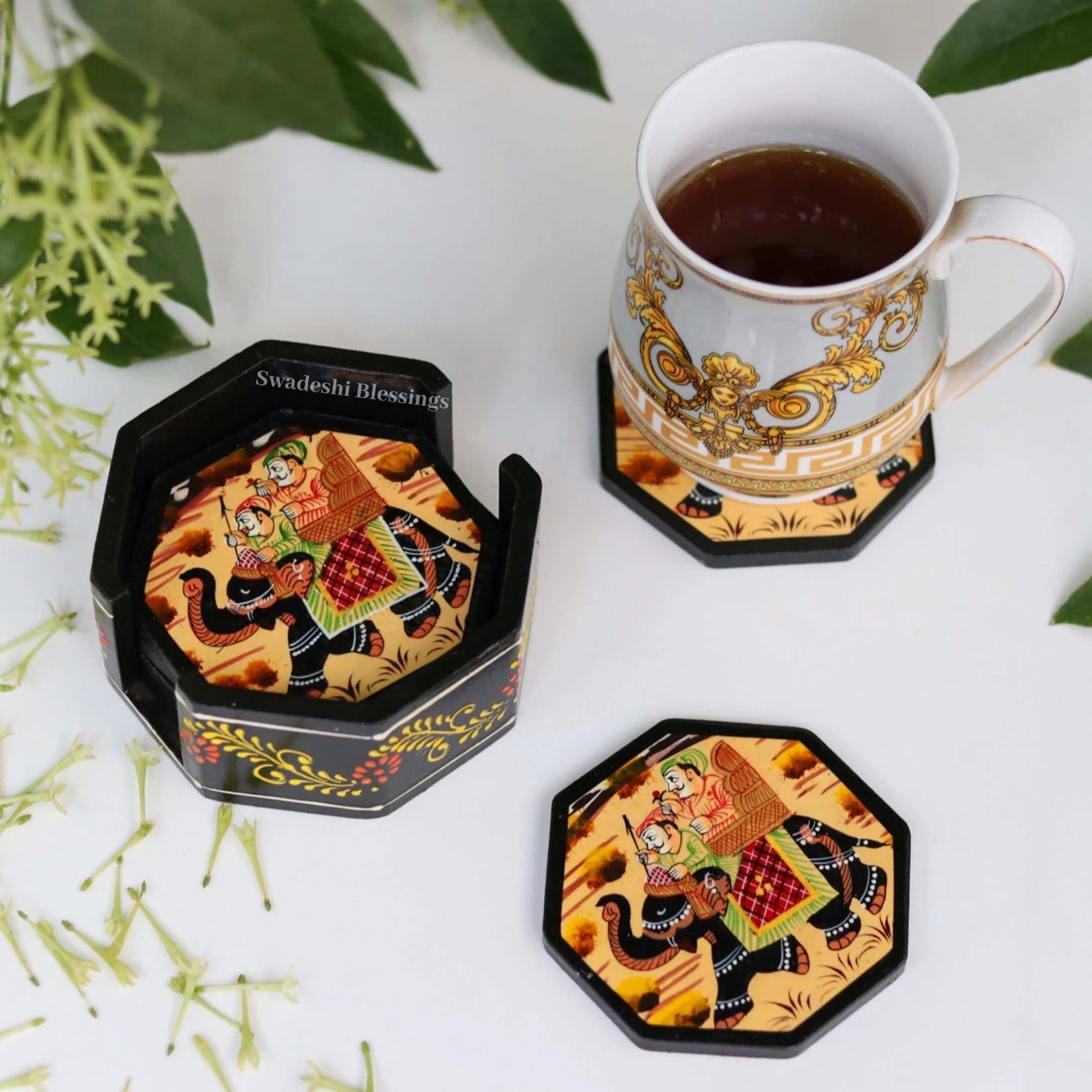 Wooden HandPainted Coasters Set of 6 for Kitchen, Bar, Coffee-Table, Living Room | Ethnic Home Decor | Antique Wood Decoration | Housewarming Gifts Swadeshi Blessings