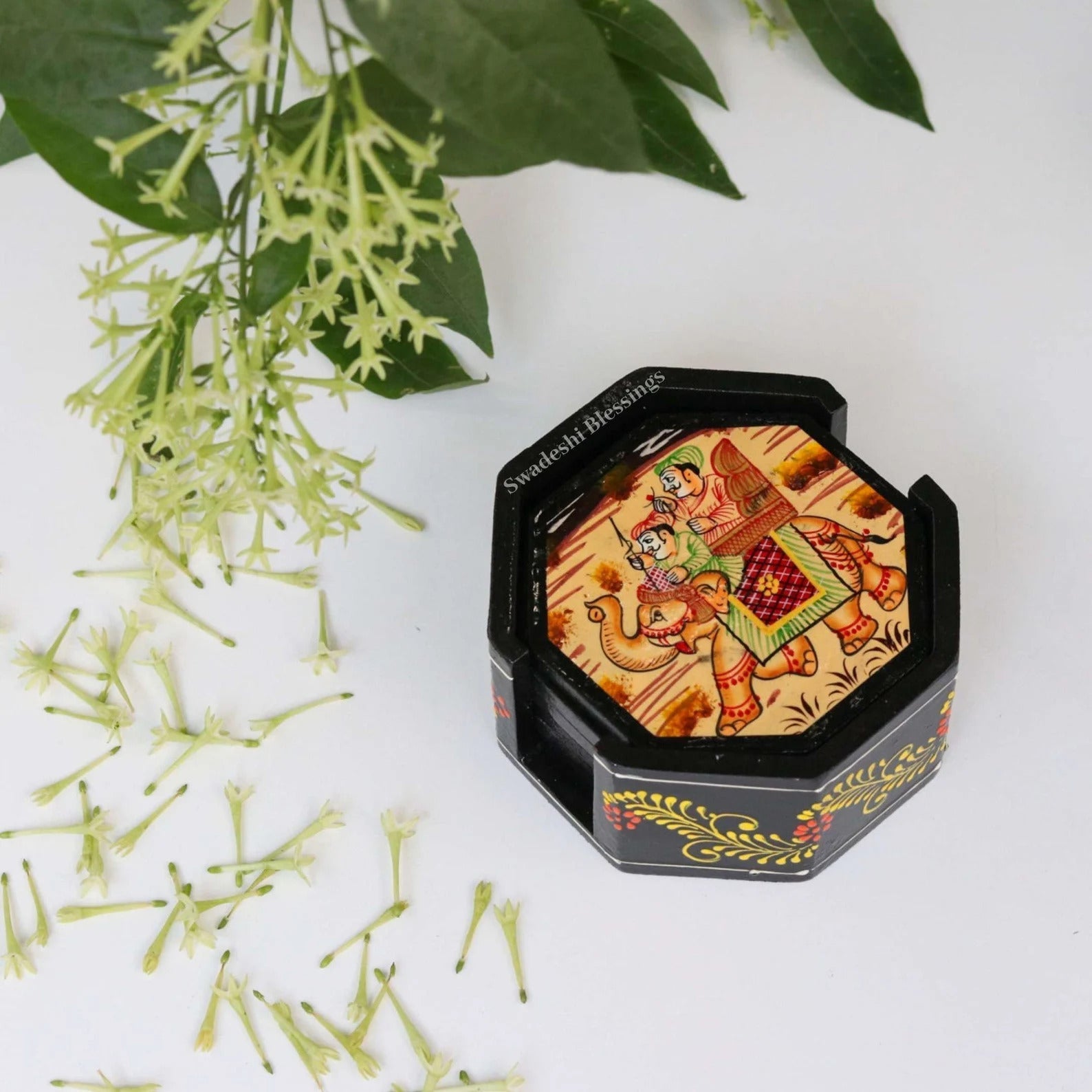 Wooden HandPainted Coasters Set of 6 for Kitchen, Bar, Coffee-Table, Living Room | Ethnic Home Decor | Antique Wood Decoration | Housewarming Gifts Swadeshi Blessings