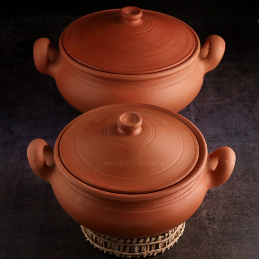 Unglazed Clay Pot for Cooking | Earthen Kadhai | Round Terracota Kadhai | Clay Handi for Serving with Lid | Includes Free Palm Leaf Stand and Ash for Cleaning
