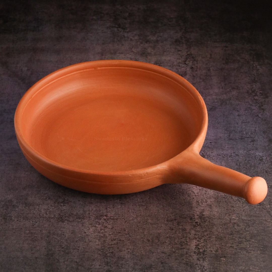 Premium Unglazed Clay Frying Pan | Earthen Wok | Clay Skillet, 10 Inches | Swadeshi Blessings Exclusive Range | Curry Sauce Pan | Griddle | Spider Fry Pan