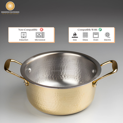 Swadeshi Blessings Exclusive Range Brass Pot/ Stock Pot for Cooking with Lid/Teflon-Free/Naturally Non-Stick Brass Utensils with Tin Coating
