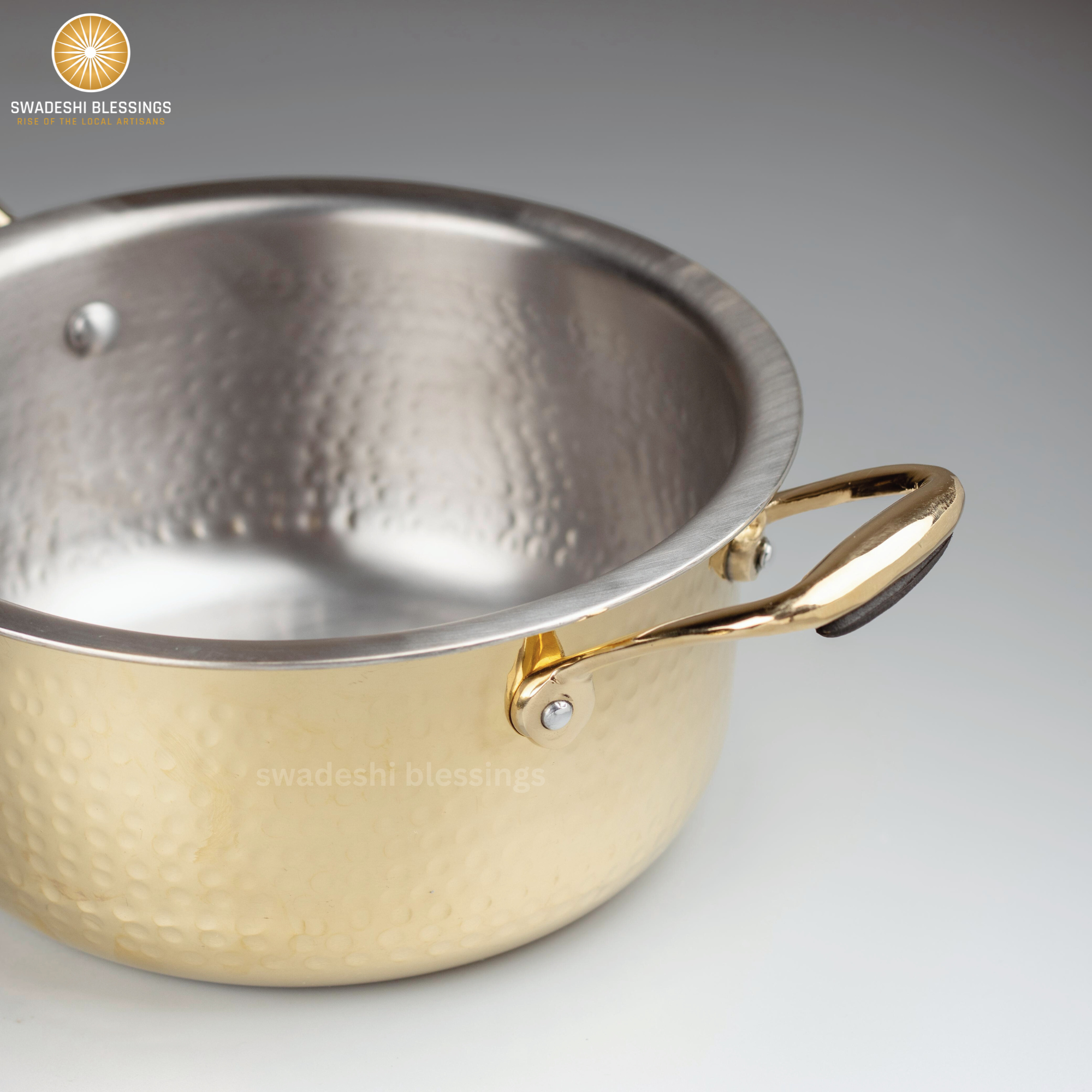 Swadeshi Blessings Exclusive Range Brass Pot/ Stock Pot for Cooking with Lid/Teflon-Free/Naturally Non-Stick Brass Utensils with Tin Coating