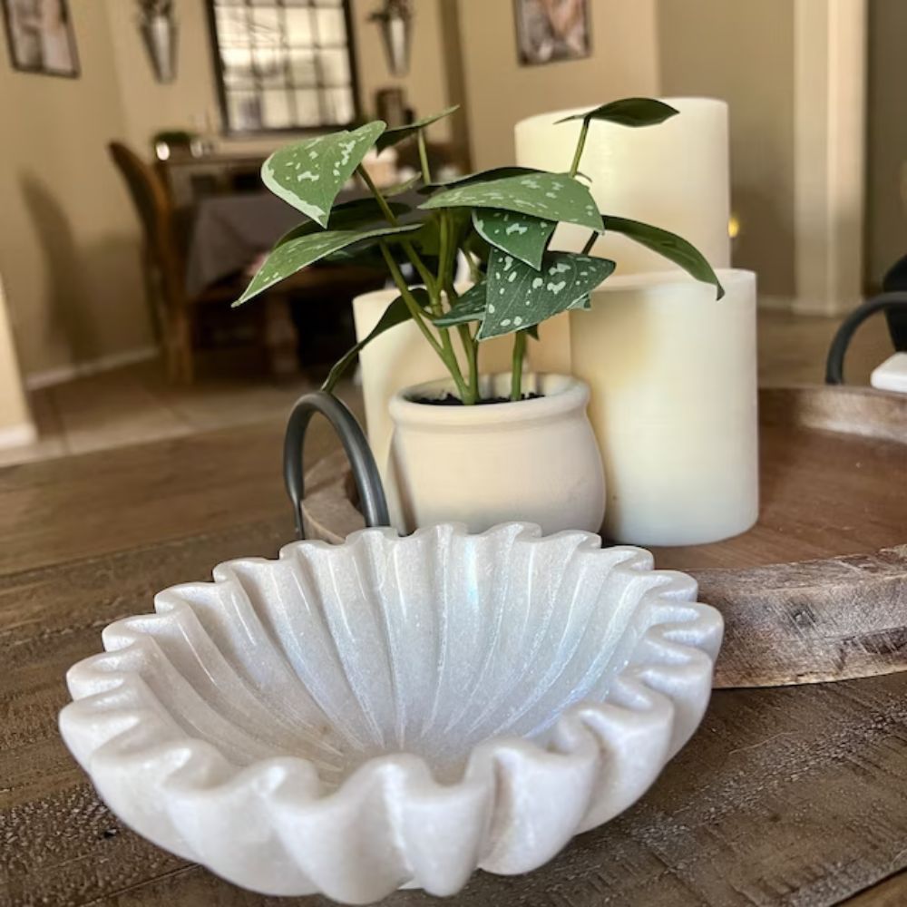 Premium Handcrafted Marble Ruffle Bowl | Antique Scalloped Bowl | Fluted Bowl | Marble Large Decorative Bowl | White Decorative Bowls for Home Decor | Key Bowl | Fruit Bowl | Ring Dish | Organic Modern Home Decor Bowl | 6-18 Inches