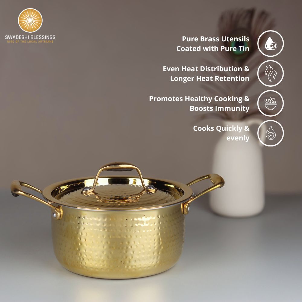 Swadeshi Blessings Exclusive Range Brass Pot for Cooking, with Lid/Teflon-Free/Naturally Non-Stick Brass Utensils with Tin Coating