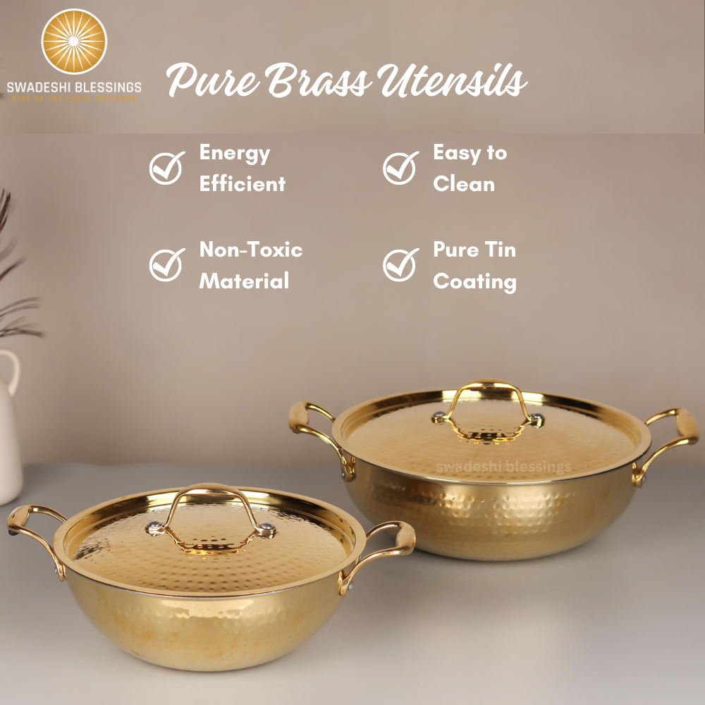 Swadeshi Blessings Exclusive Range Brass Kadai for Cooking, with Lid/Teflon-Free/Naturally Non-Stick Brass Utensils with Tin Coating