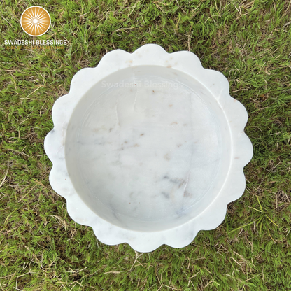 HandCrafted Marble Large Decorative Bowl | White Decorative Bowls for Home Decor | Ruffle Bowl | Scalloped Bowl | Fluted Bowl | Key/Fruit Bowl | Ring Dish | Organic Modern Home Decor Bowl | 6-10 Inches