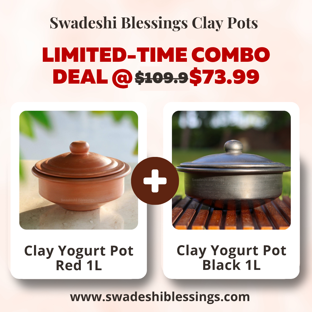 Unglazed Clay Dahi Handi/ Handmade Curd Pot/ Clay Curd Pot Combo with Lid 1L (Black &amp; Red) (with Natural White Firing Shade &amp; Mirror Shine) + Free ASH for Cleaning