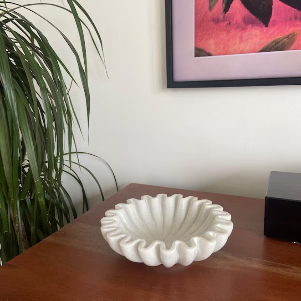 Premium Handcrafted Marble Ruffle Bowl | Antique Scalloped Bowl | Fluted Bowl | Marble Large Decorative Bowl | White Decorative Bowls for Home Decor | Key Bowl | Fruit Bowl | Ring Dish | Organic Modern Home Decor Bowl | 6-18 Inches