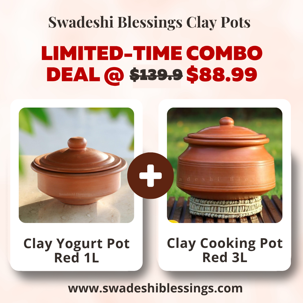 Unglazed Clay Handi &amp; Earthen Curd Pot  / Clay Pots Combo For Cooking &amp; Serving, 1L &amp; 3L, Red (Natural Firing Shade &amp; Mirror Shine)+FREE ASH For Cleaning