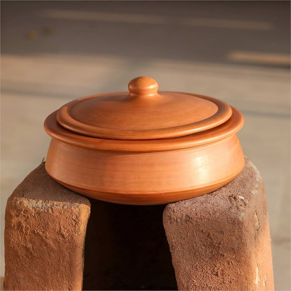 Unglazed Clay Handi / Earthen Kadai / Clay Pots Combo for Cooking & Serving with Lids – 2L & 2.8L (Red) (Natural Firing Shade & Mirror Shine) + FREE Ash for Cleaning
