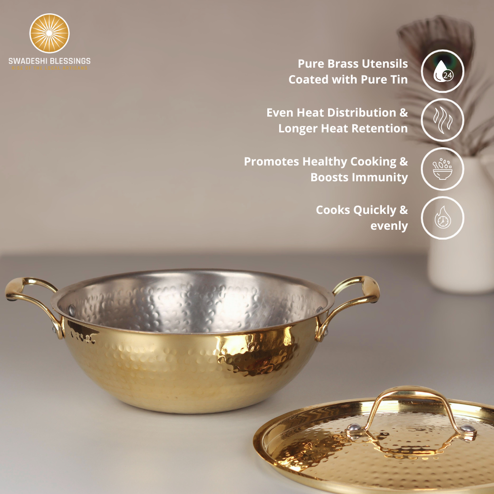 Swadeshi Blessings Exclusive Range Brass Kadai for Cooking, with Lid/Teflon-Free/Naturally Non-Stick Brass Utensils with Tin Coating