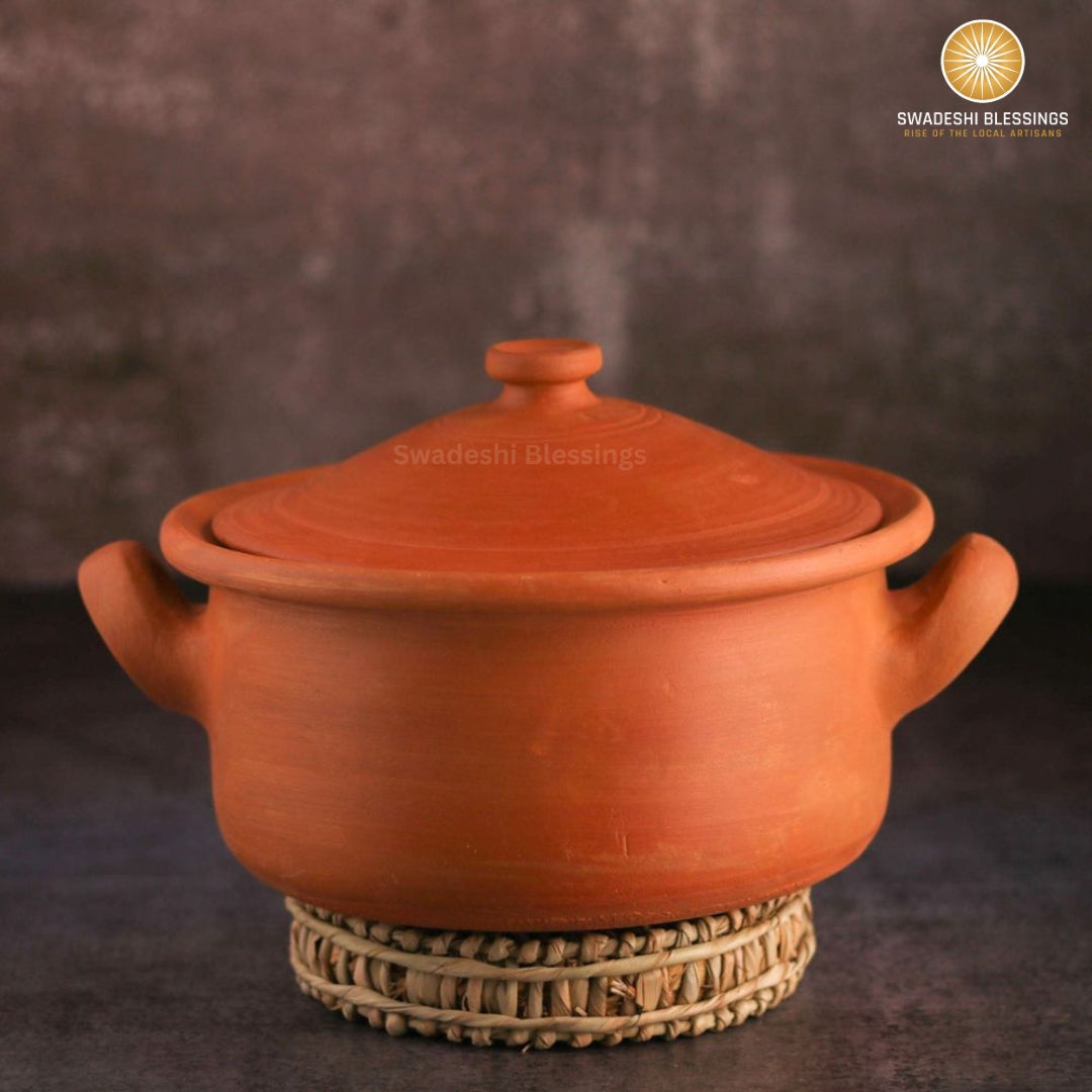 Premium Unglazed Clay Pot for Serving | Earthen Kadhai | Flat Terracota Pot | Clay Handi for Serving with Lid | Includes Free Palm Leaf Stand and Ash for Cleaning