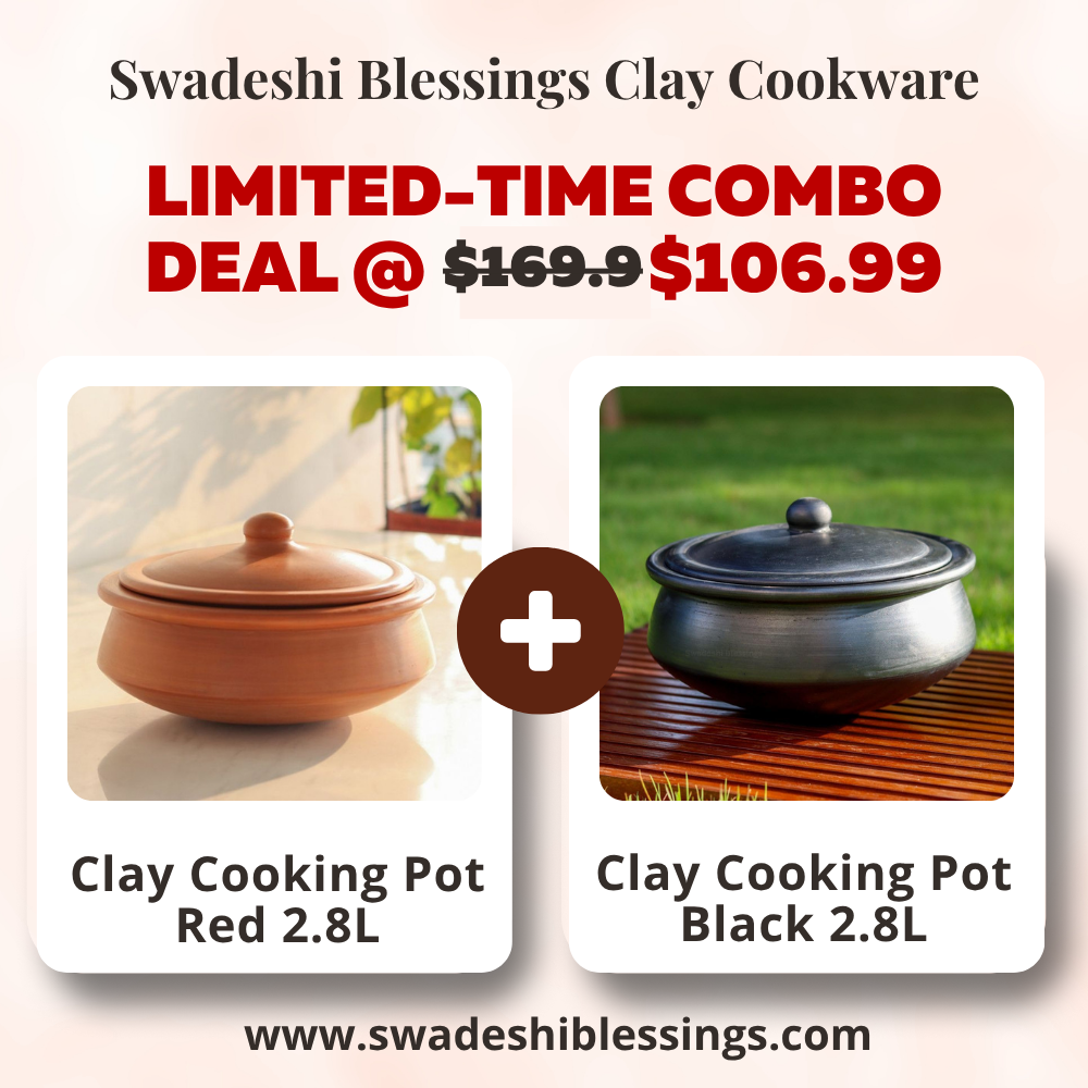 Unglazed Clay Handi / Earthen Kadai / Clay Pots Combo for Cooking &amp; Serving with Lids – 2.8L Black &amp; 2.8L Red (Natural Firing Shade &amp; Mirror Shine) + FREE Ash for Cleaning