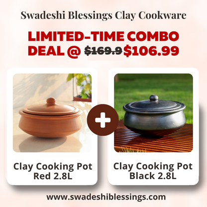 Unglazed Clay Handi / Earthen Kadai / Clay Pots Combo for Cooking &amp; Serving with Lids – 2.8L Black &amp; 2.8L Red (Natural Firing Shade &amp; Mirror Shine) + FREE Ash for Cleaning