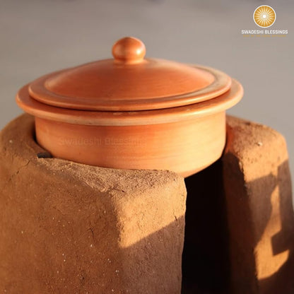 Unglazed Clay Pot for Cooking | Earthen Kadhai | Terracota Bhagona  | Clay Handi for Cooking &amp; Serving with Lid