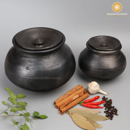 Premium Unglazed Clay Pot for Cooking | Earthen Kadhai | Terracota Black Handi | Clay Handi for Serving with Lid Black | Includes Free Palm Leaf Stand and Ash for Cleaning