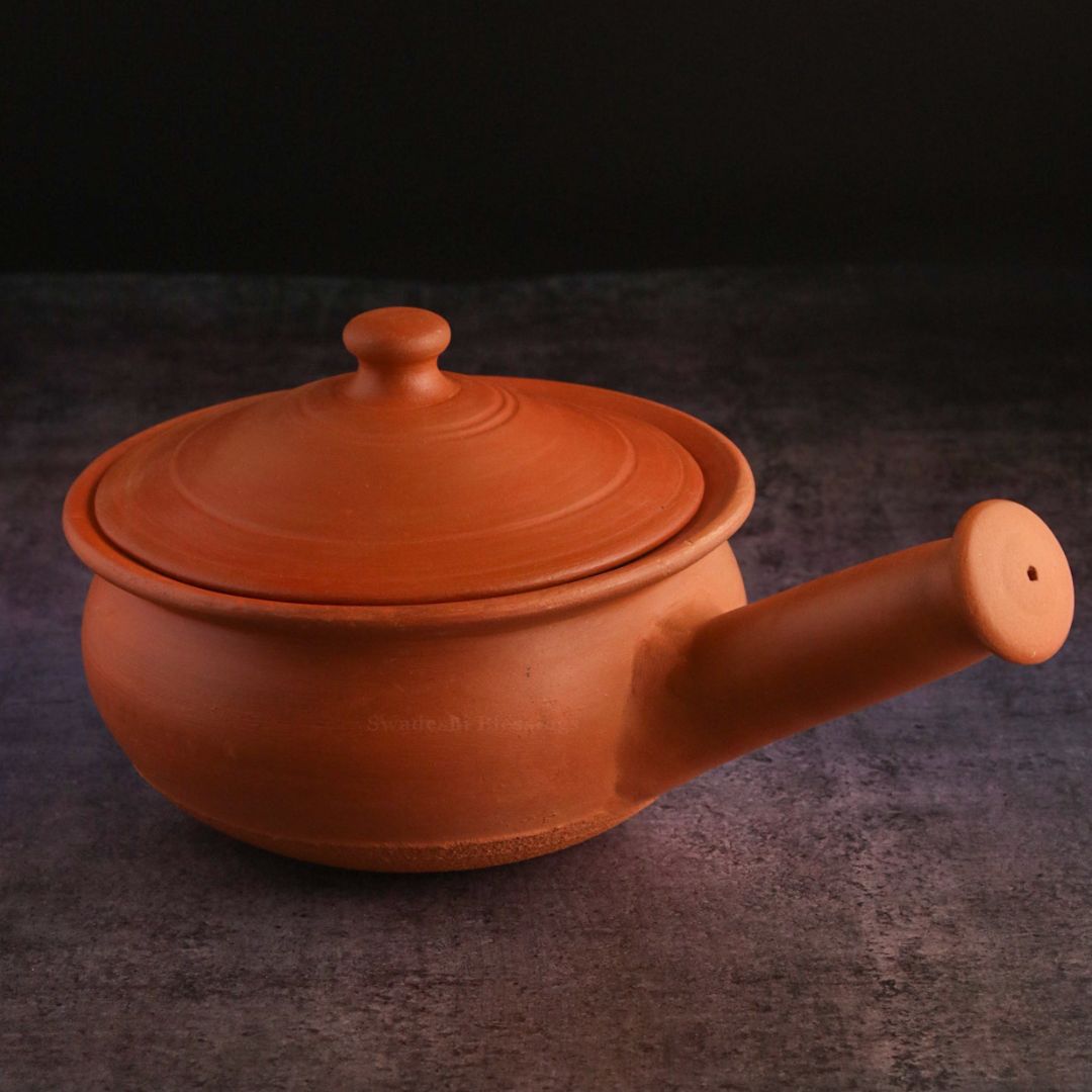 Premium Unglazed Clay Pot for Cooking | Earthen Kadhai | Kerela Handi | Clay Handi for Serving with Lid, 2.8L | Includes Free Palm Leaf Stand and Ash for Cleaning Swadeshi Blessings