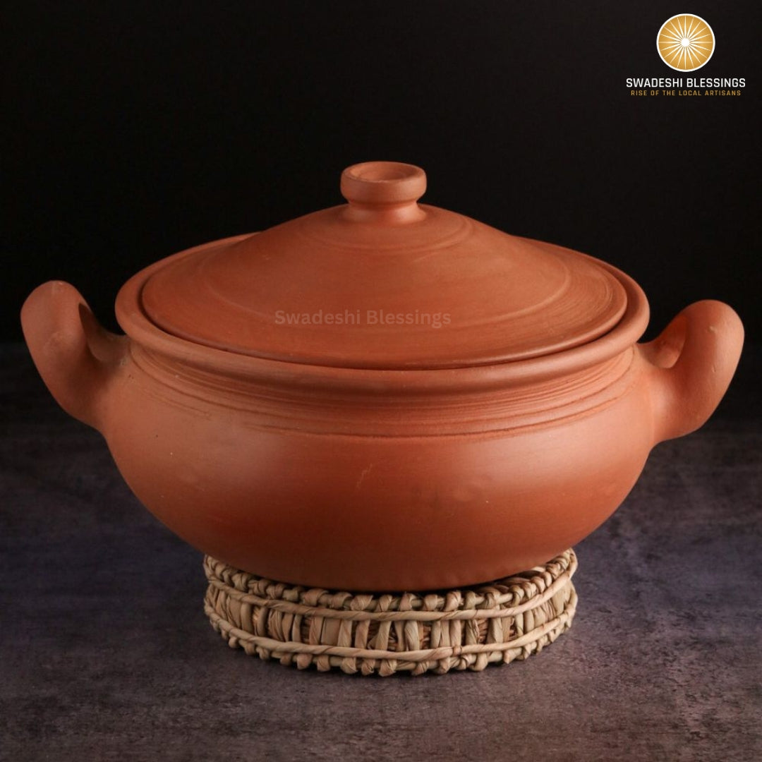 Unglazed Clay Pot for Cooking | Earthen Kadhai | Round Terracota Kadhai | Clay Handi for Serving with Lid | Includes Free Palm Leaf Stand and Ash for Cleaning