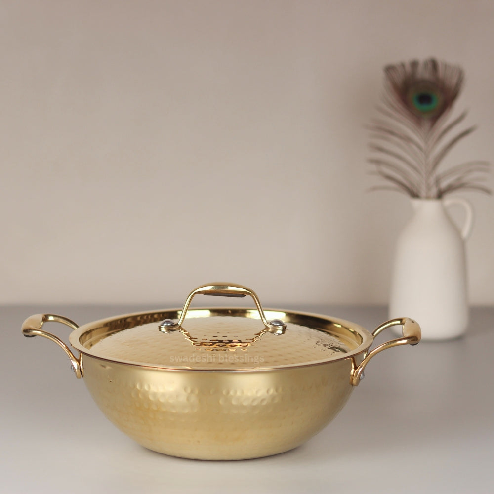 Swadeshi Blessings Exclusive Range Brass Kadai for Cooking, with Lid/Teflon-Free/Naturally Non-Stick Brass Utensils with Tin Coating