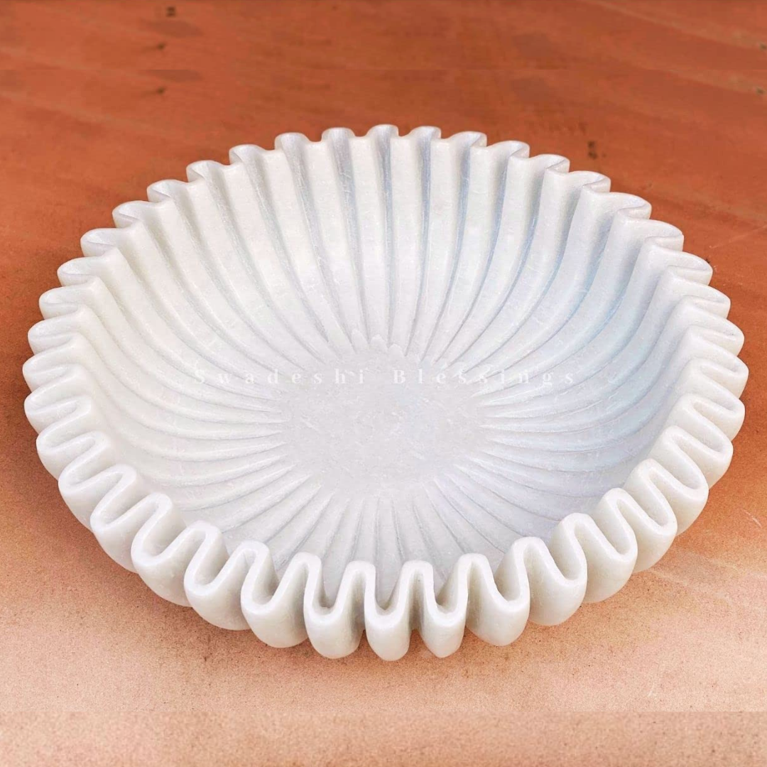 Premium Handcrafted Marble Ruffle Bowl Combo | Antique Scalloped Bowl | Fluted Bowl | Marble Decorative Bowl Combo of 6 & 12 Inches